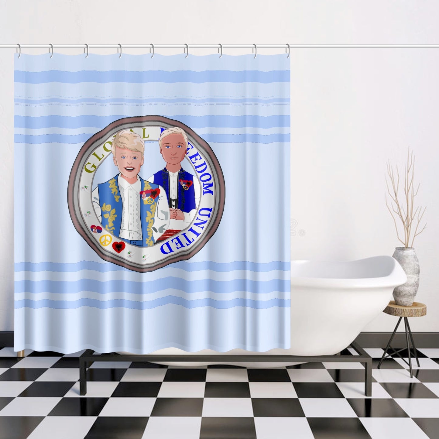 Quick-drying Shower Curtain GLOBAL FREEDOM UNITED© Men Albania & Serbia Light Blue