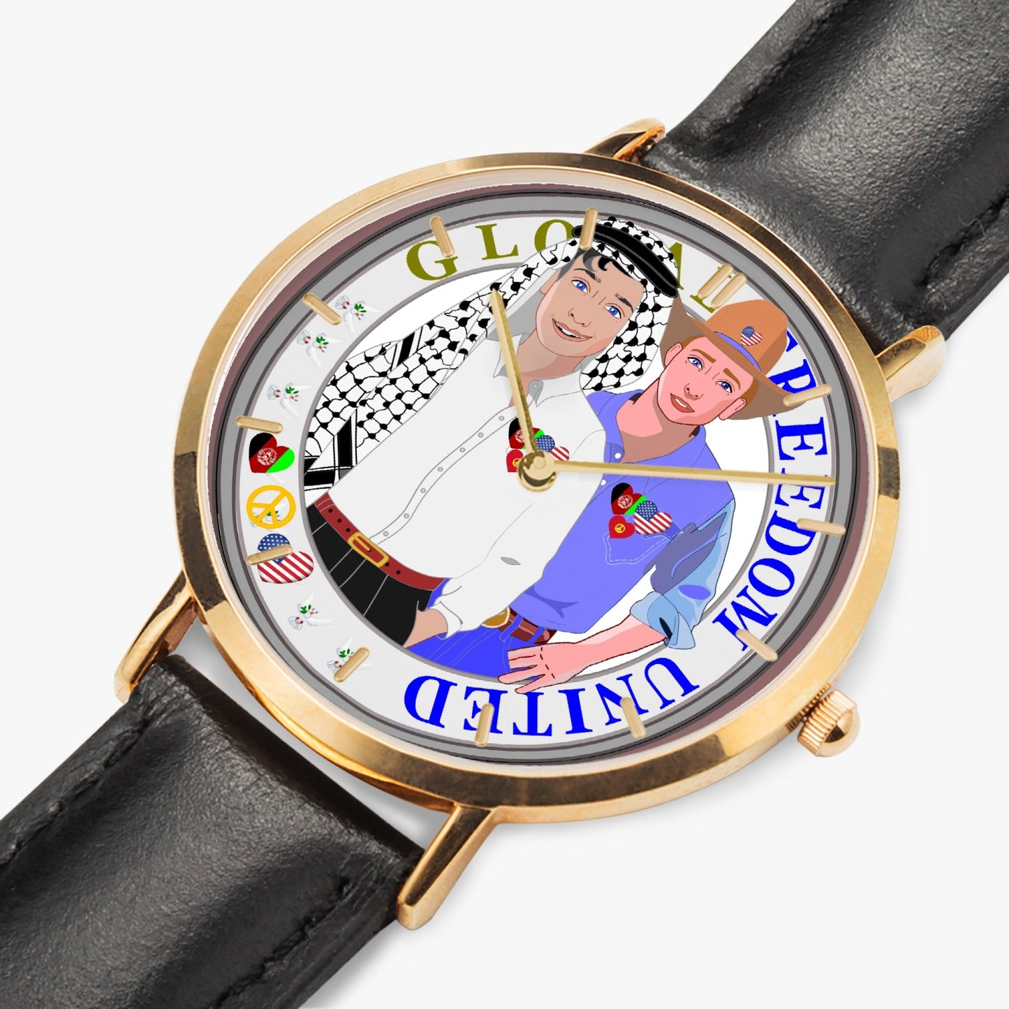 GLOBAL FREEDOM UNITED© Hot Selling Ultra-Thin Leather Strap Quartz Watch (Rose Gold With Indicators) Men Afghanistan & USA V1