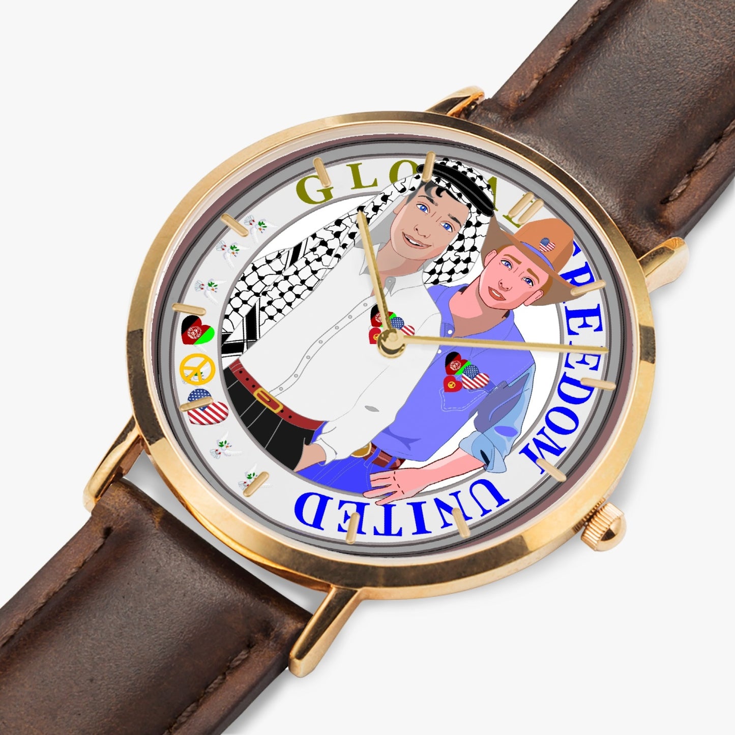 GLOBAL FREEDOM UNITED© Hot Selling Ultra-Thin Leather Strap Quartz Watch (Rose Gold With Indicators) Men Afghanistan & USA V1