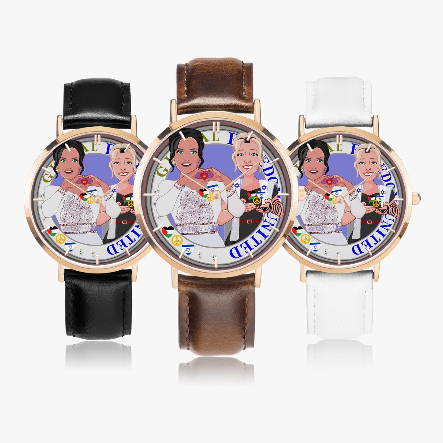 GLOBAL FREEDOM UNITED© Hot Selling Ultra-Thin Leather Strap Quartz Watch (Rose Gold With Indicators) Women Palestina & Israel