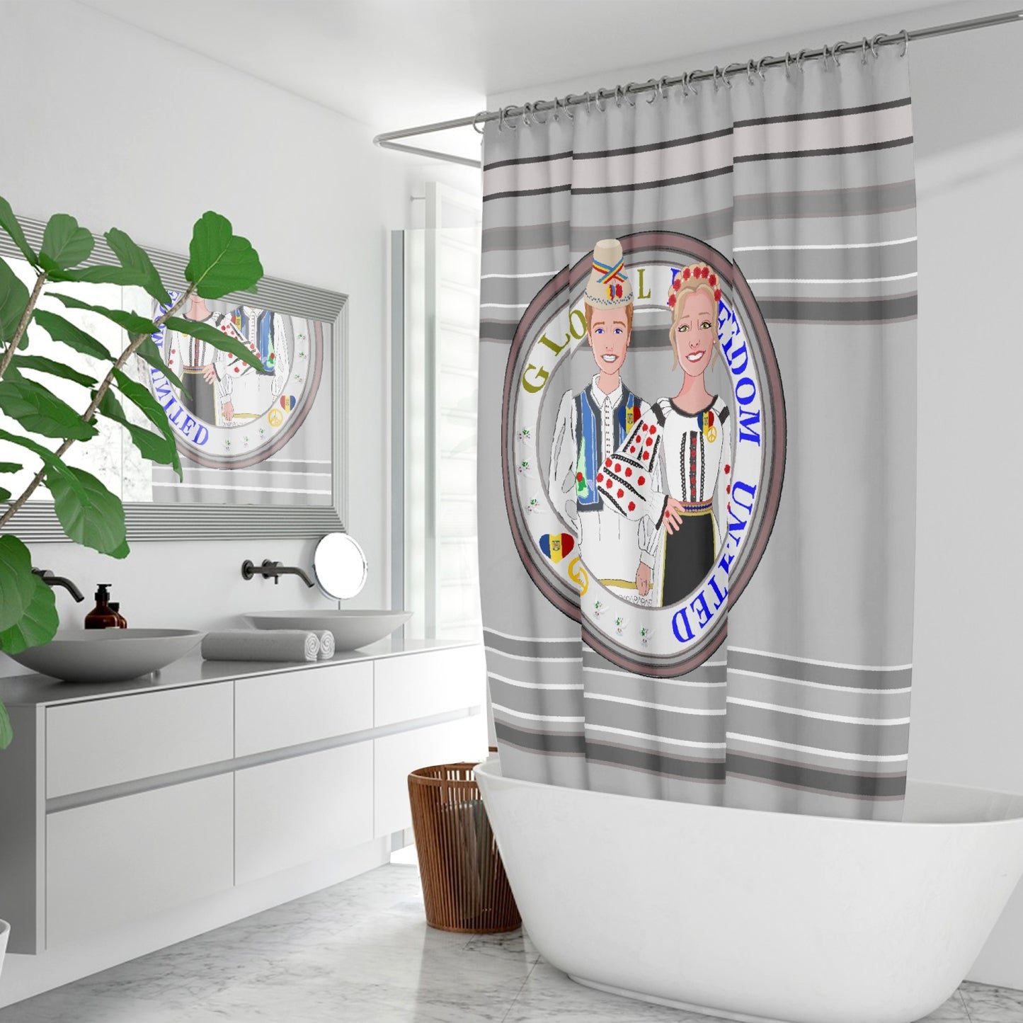 GLOBAL FREEDOM UNITED© Couple Romania Grey - Quick-drying Shower Curtain