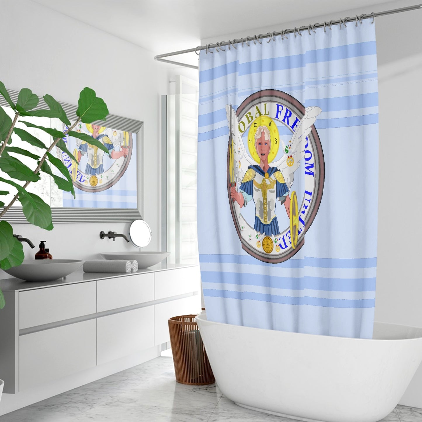 Quick-drying Shower Curtain GLOBAL FREEDOM UNITED© Archangel Michael Version 1 Light Blue