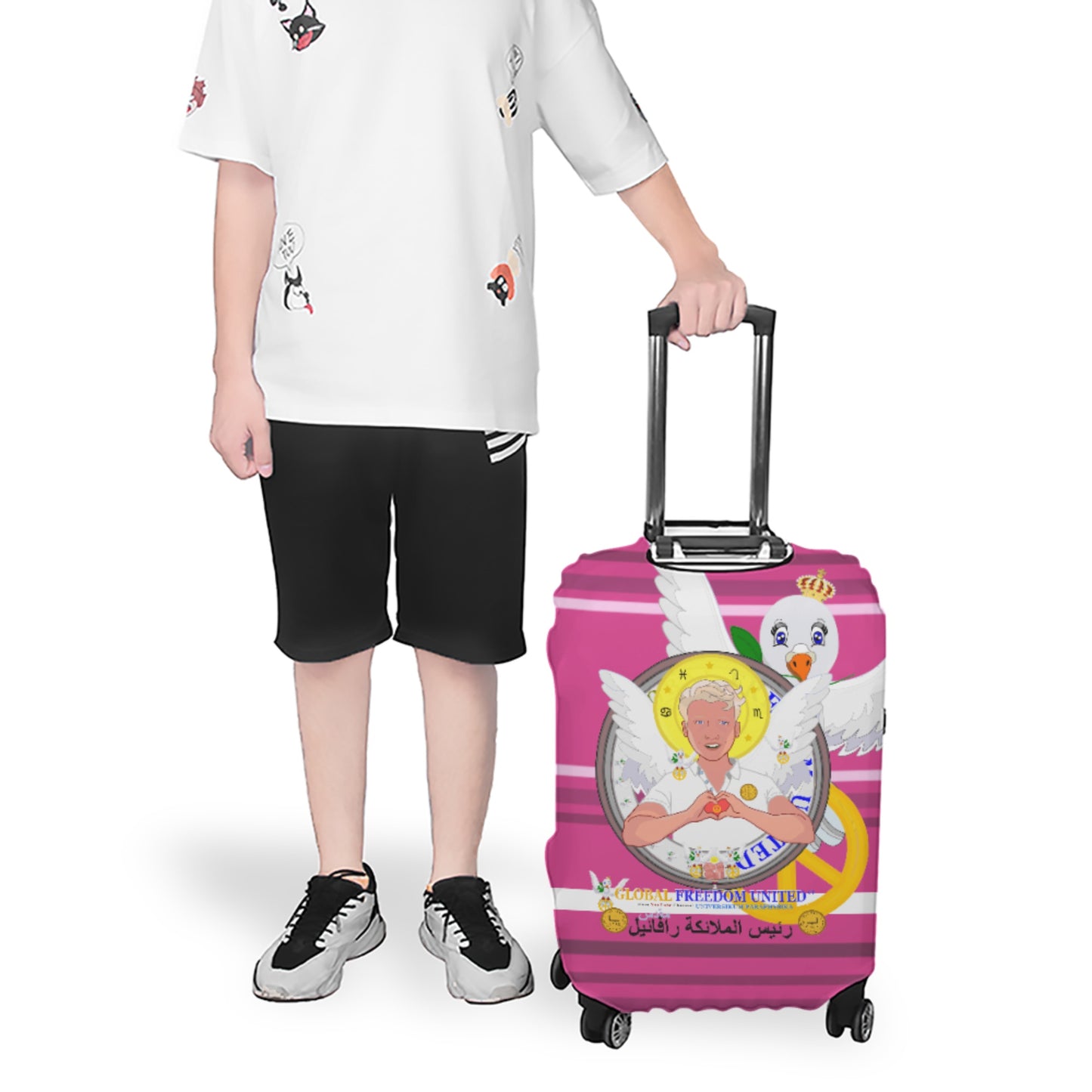 Luggage Cover GLOBAL FREEDOM UNITED© Archangel Rafael Arabic Pink2
