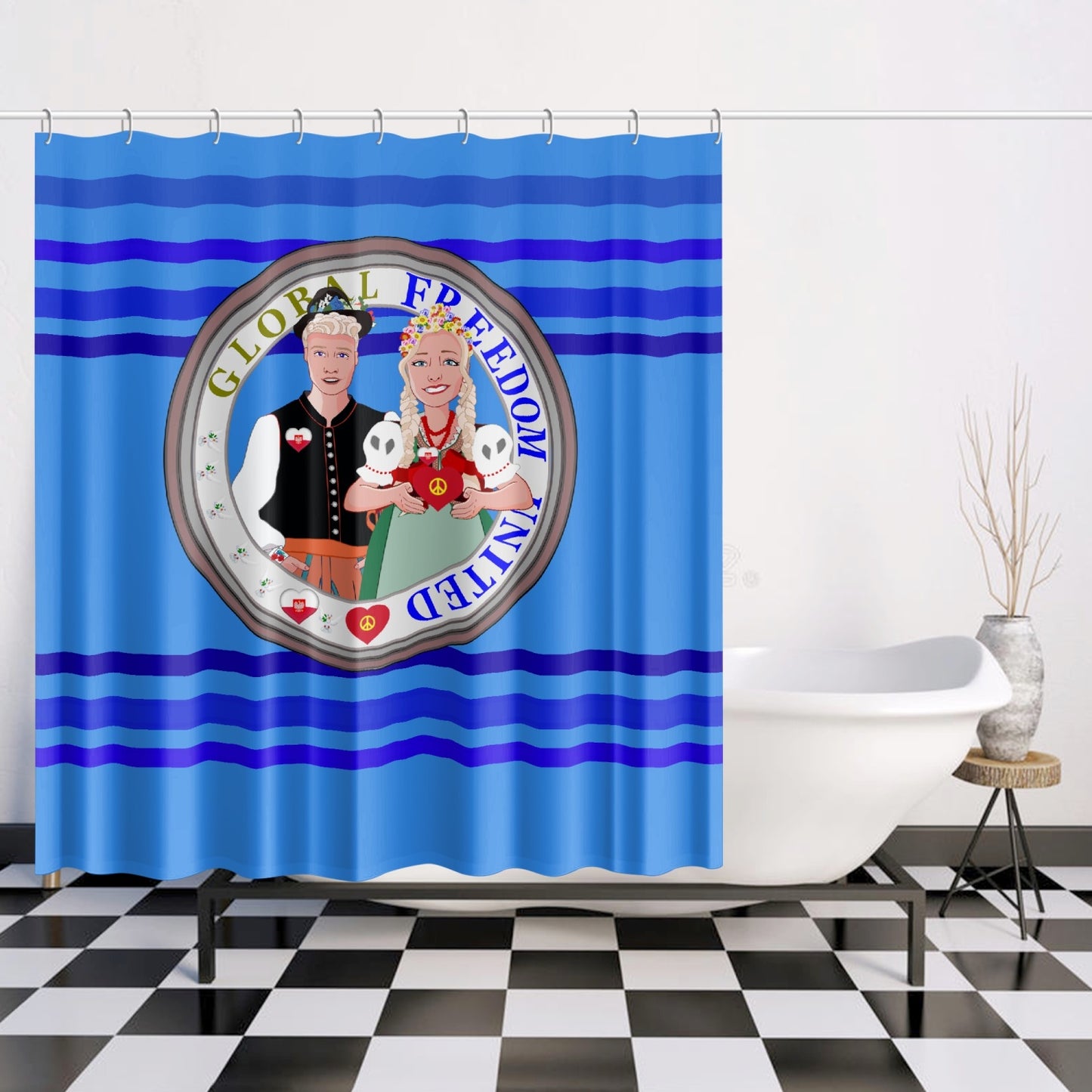 GLOBAL FREEDOM UNITED© Couple Poland Deep Blue - Quick-drying Shower Curtain