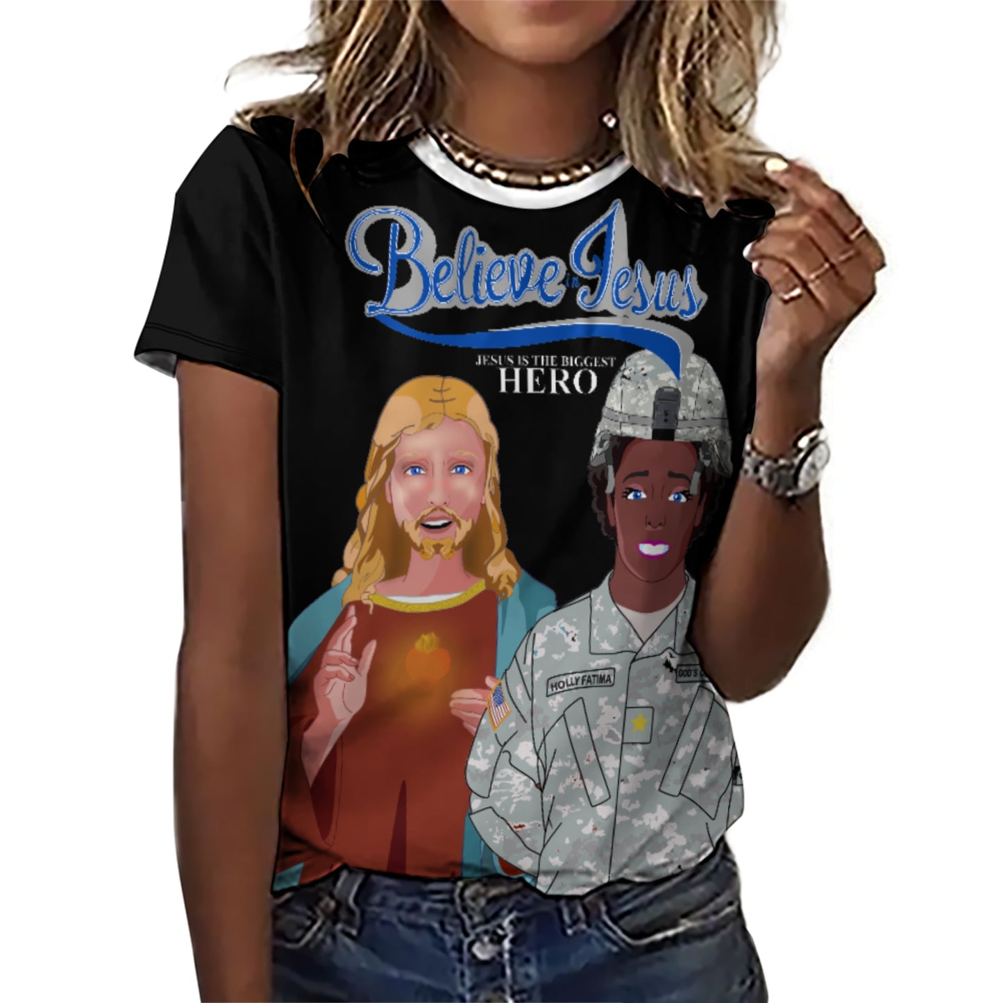 Women´s Black T-shirt Black GLOBAL FREEDOM UNITED© Jesus Christ For US American Hero Afro American Soldiers