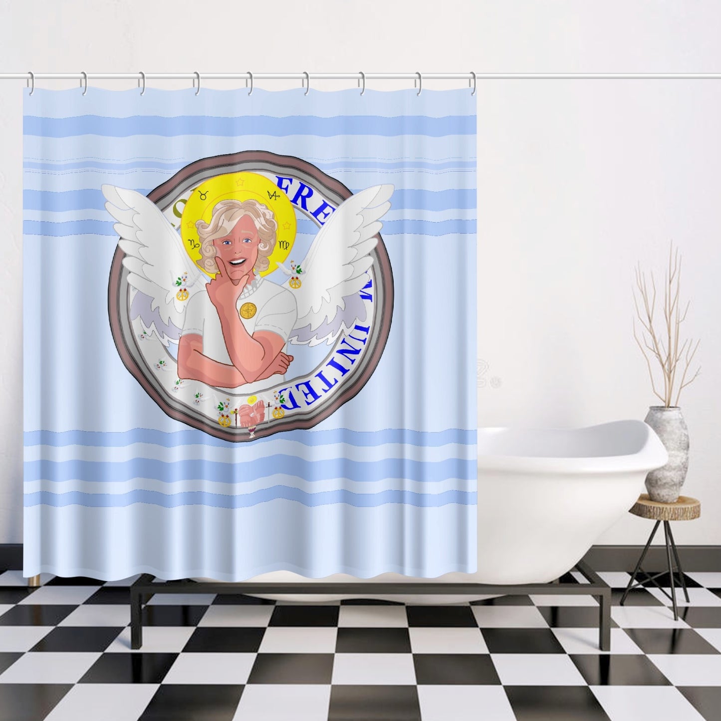 Quick-drying Shower Curtain GLOBAL FREEDOM UNITED© ARCHANGEL GABRIEL Light Blue