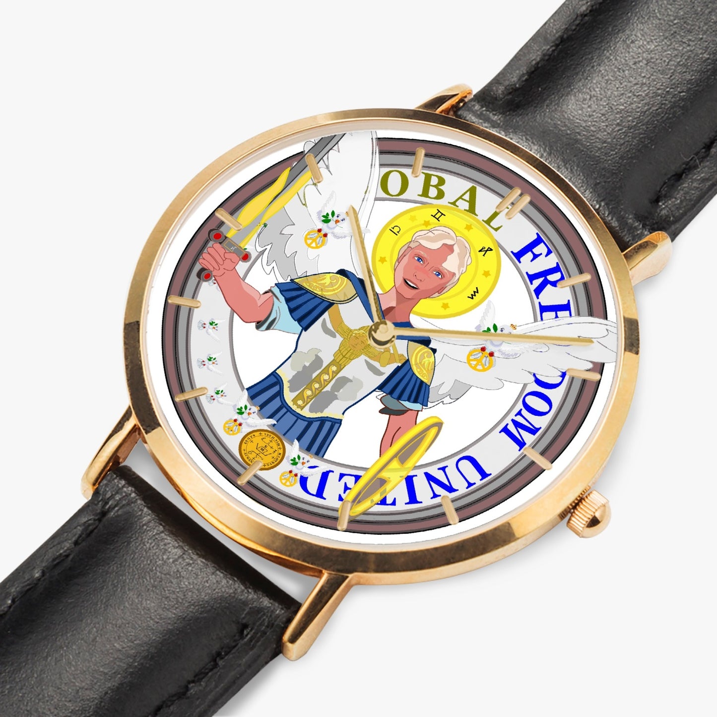 GLOBAL FREEDOM UNITED© ARCHANGEL MICHAEL NO1 Hot Selling Ultra-Thin Leather Strap Quartz Watch (Rose Gold With Indicators)