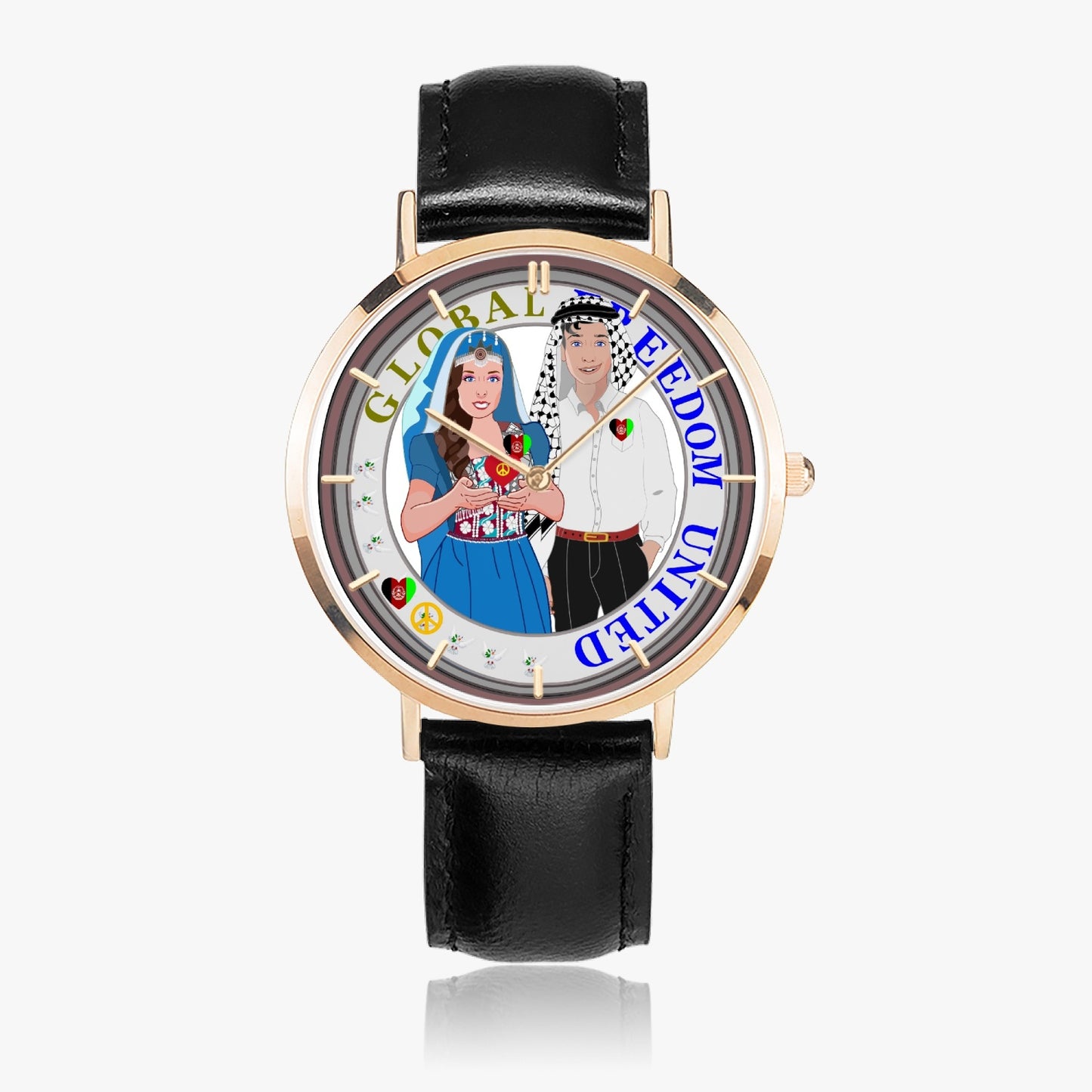 GLOBAL FREEDOM UNITED© Couple Afghanistan Hot Selling Ultra-Thin Leather Strap Quartz Watch (Rose Gold With Indicators)