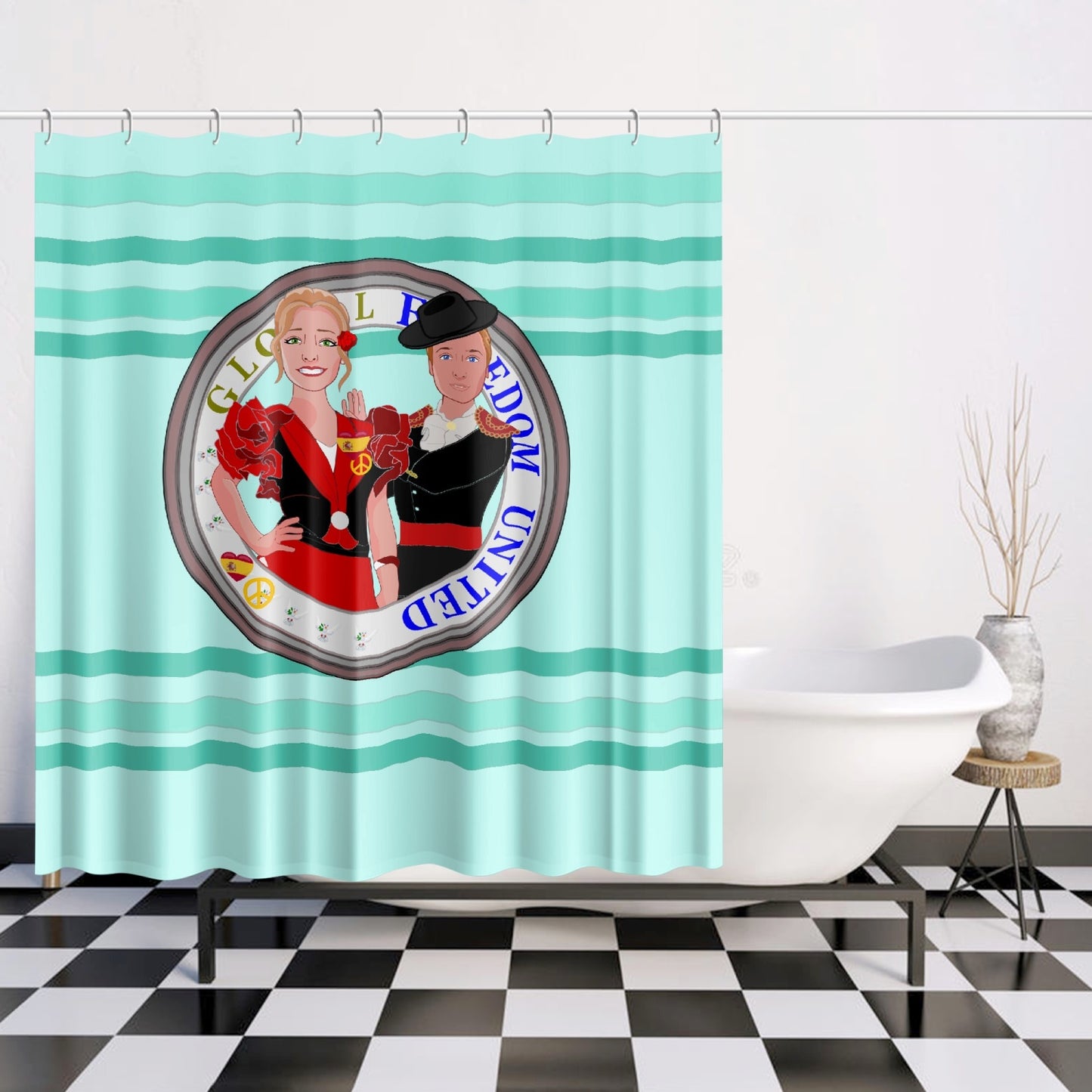 GLOBAL FREEDOM UNITED© Couple Spain Light GreenQuick-drying Shower Curtain