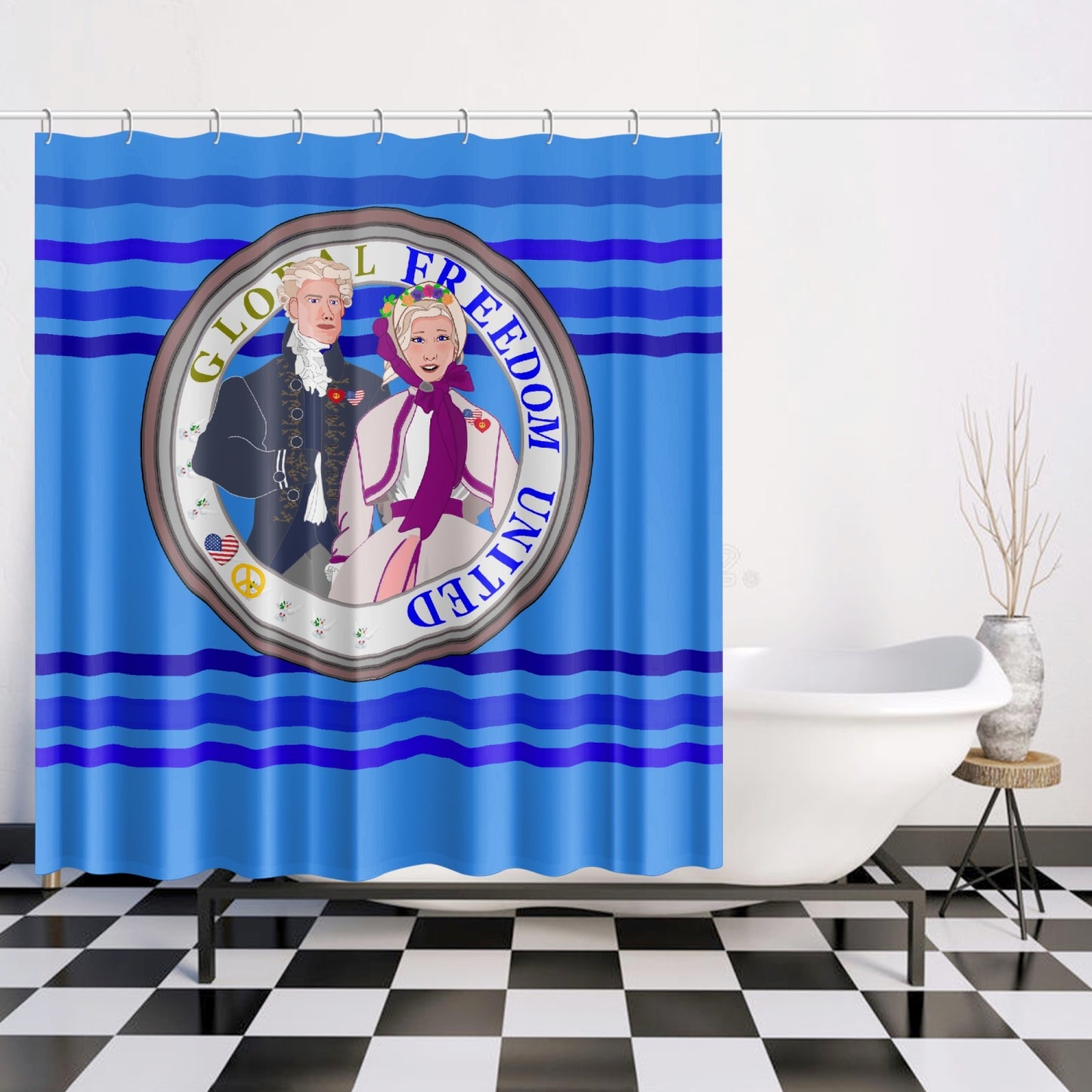 GLOBAL FREEDOM UNITED© Couple USA Georg Washington Deep Blue - Quick-drying Shower Curtain