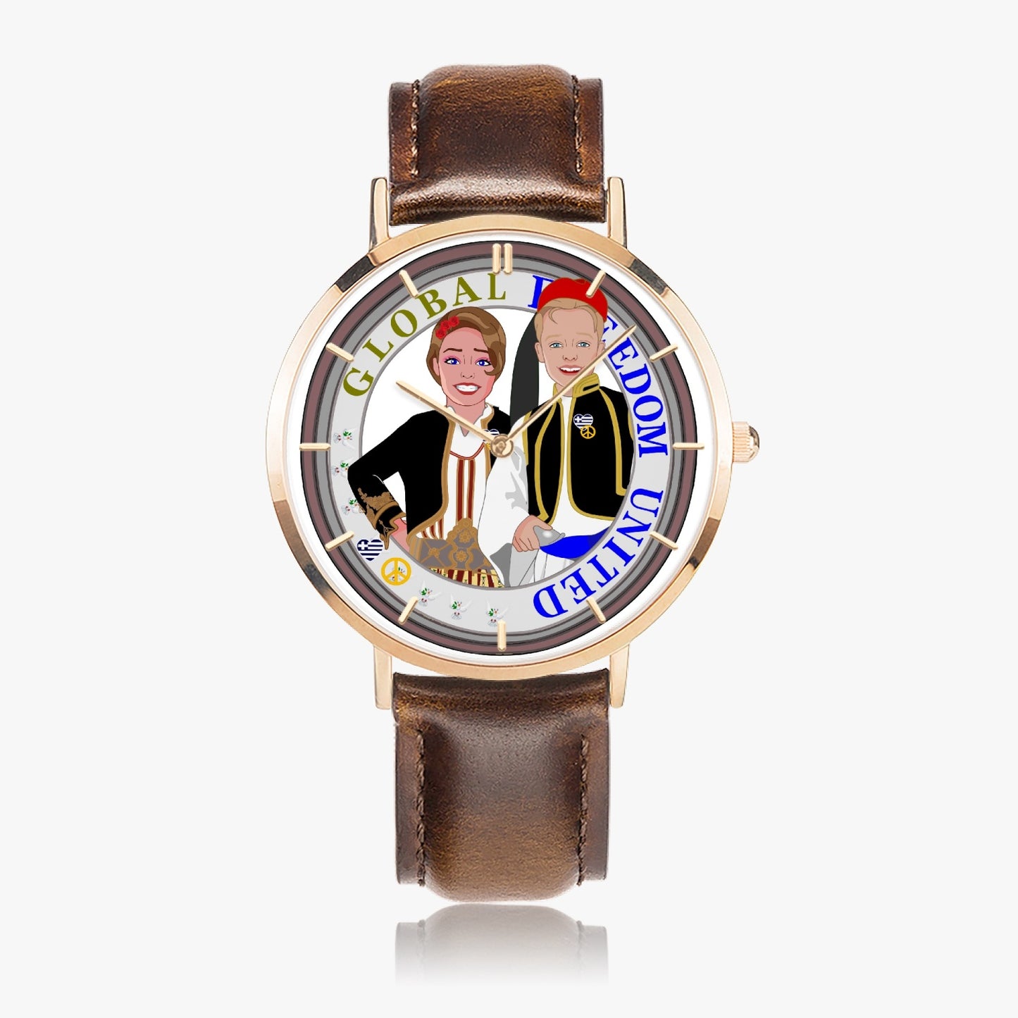 Hot Selling Ultra-Thin Leather Strap Quartz Watch (Rose Gold With Indicators) GLOBAL FREEDOM UNITED© Couple Greece