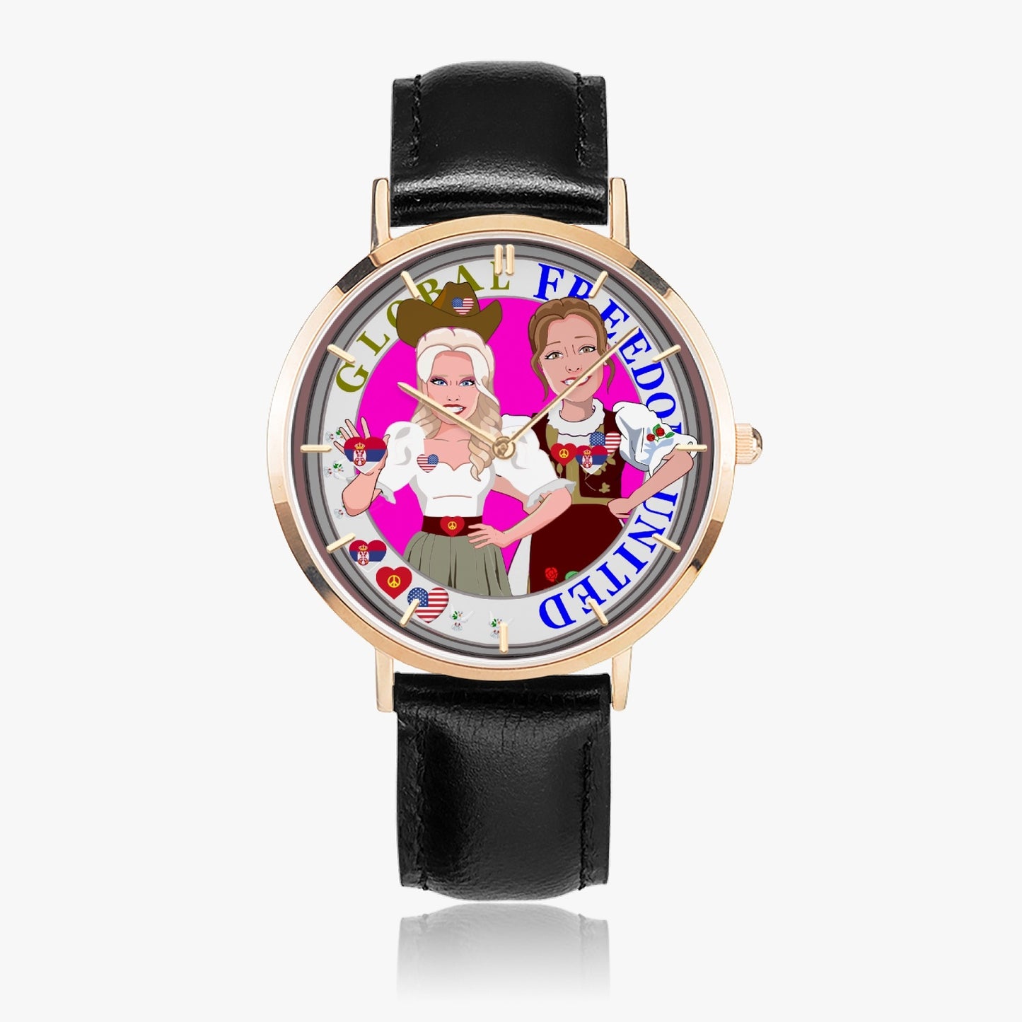 GLOBAL FREEDOM UNITED© Hot Selling Ultra-Thin Leather Strap Quartz Watch (Rose Gold With Indicators) Women Serbia & USA