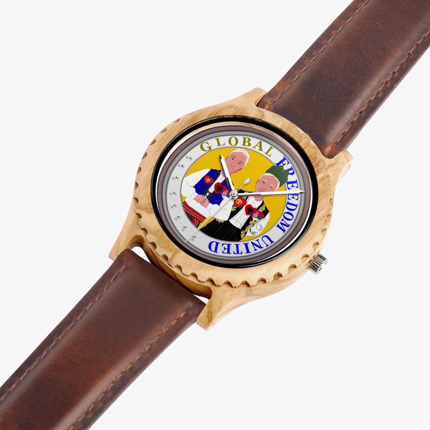 GLOBAL FREEDOM UNITED MEN ALBANIA & SERBIA NEW PEACE Italian Olive Lumber Wooden Watch - Leather Strap