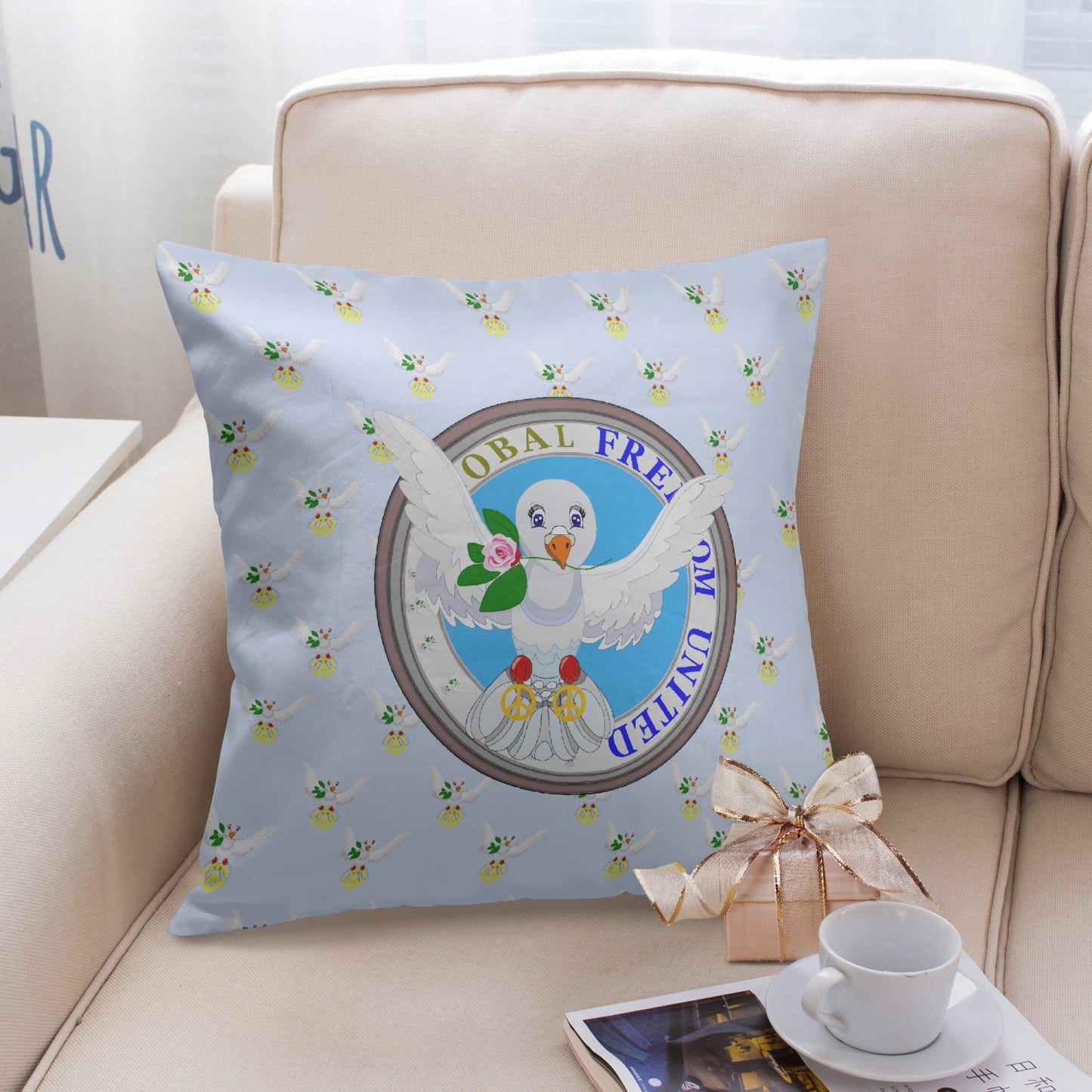 GLOBAL FREEDOM UNITED©  DOVE OF PEACE LIGHT BLUE 18'' Square Pillow Cover