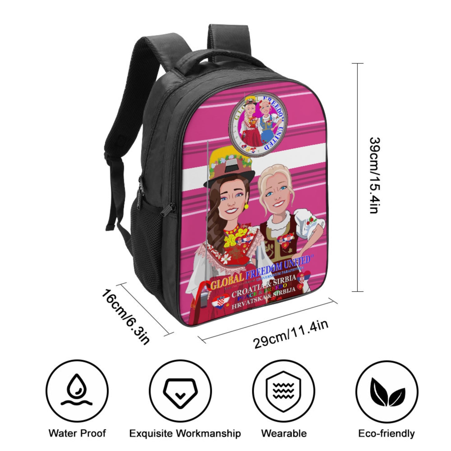 16 Inch 2 Compartment Backpack GLOBAL FREEDOM UNITED© Women Croatia & Serbia Old Peace Pink