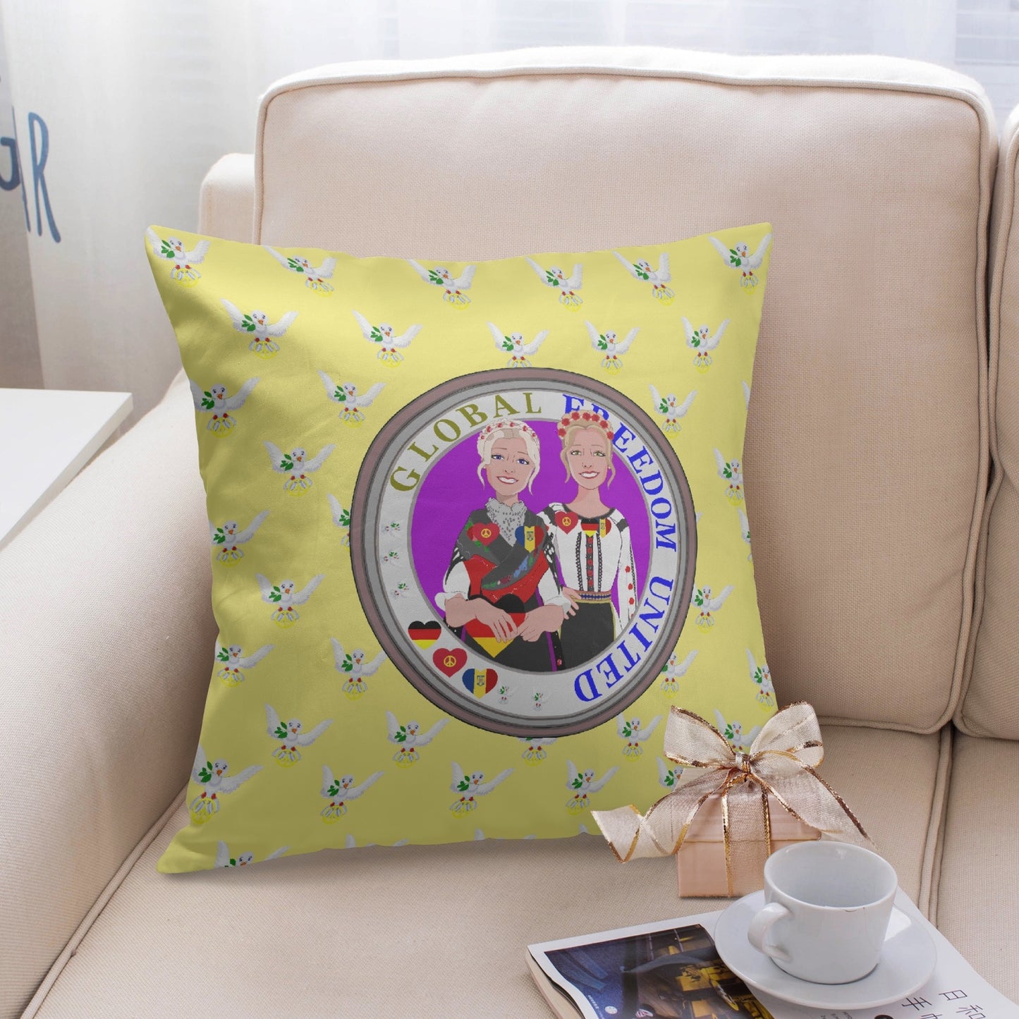 GLOBAL FREEDOM UNITED© Women GERMANY & ROMANIA Yellow 18'' Square Pillow Cover