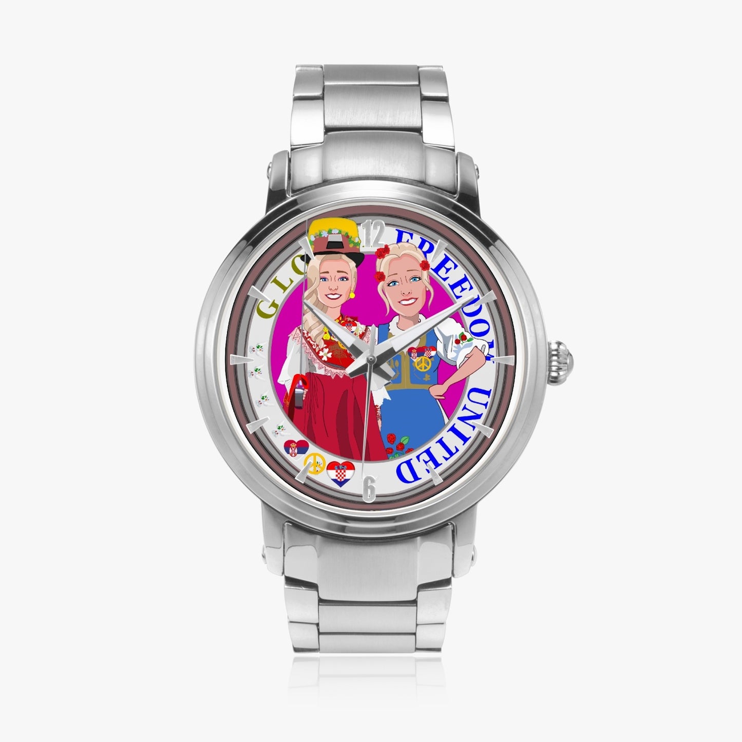 GLOBAL FREEDOM UNITED WOMEN CROATIA & SERBIA OLD PEACE VERSION 2  New Steel Strap Automatic Watch (With Indicators)