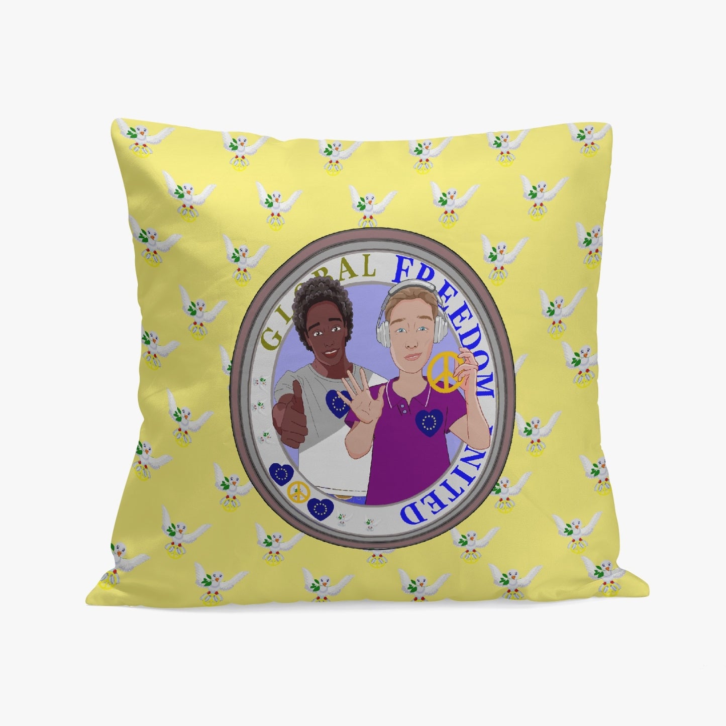 GLOBAL FREEDOM UNITED© Men Anti Fascism & Racism YELLOW EU 18'' Square Pillow Cover