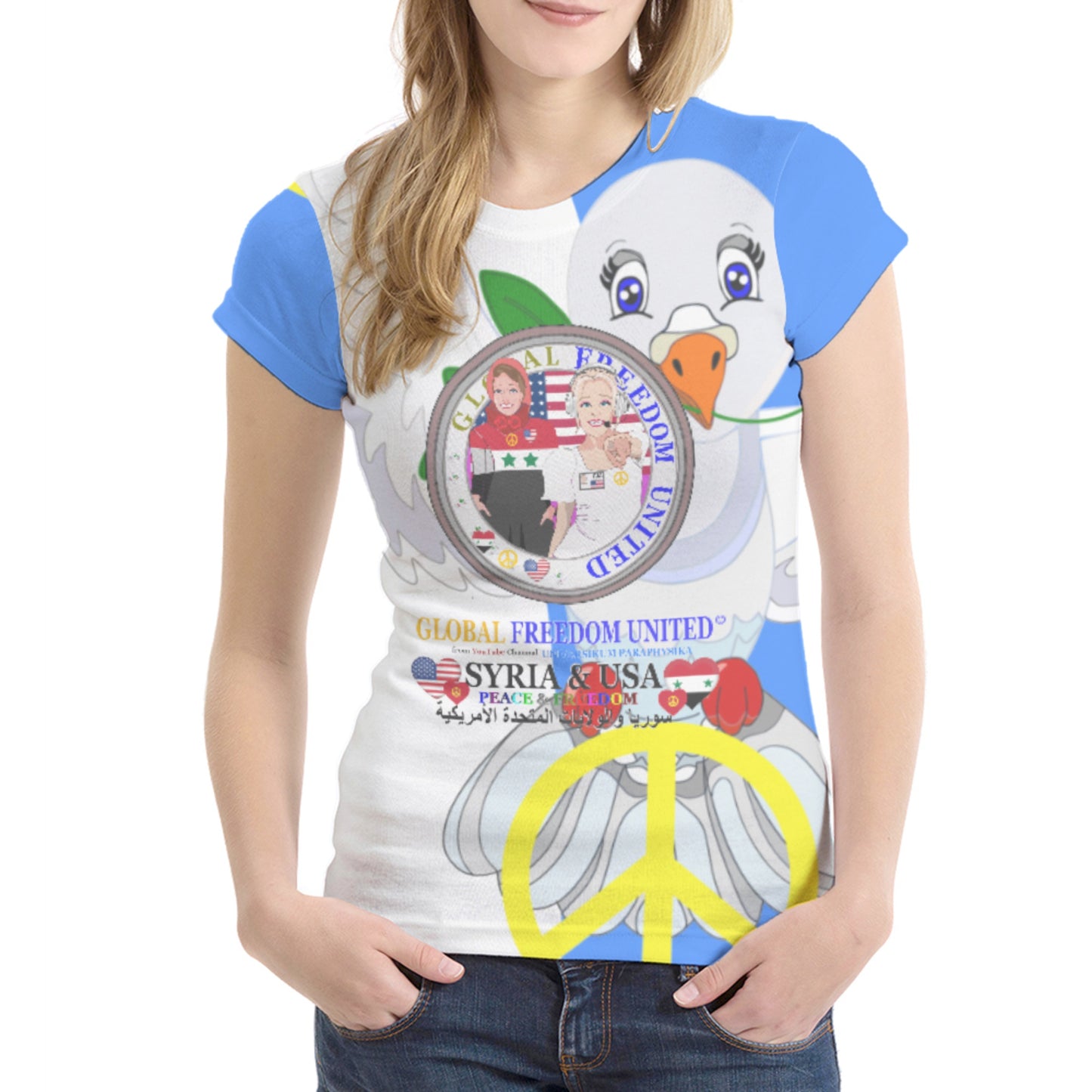 Women´s T-shirt 1 Glbal Freedom United Syria & Usa Old Peace Blue