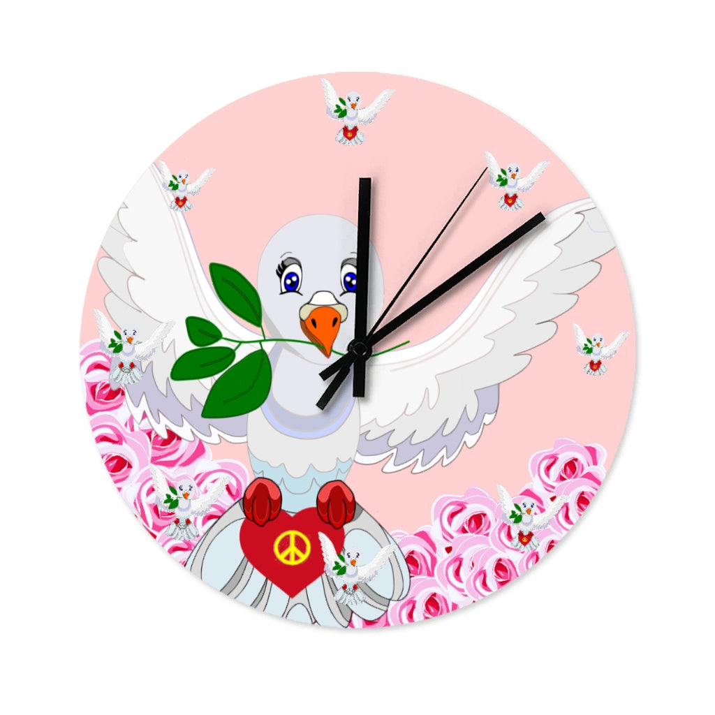 Wooden Wall Clock Without Scale GLOBAL FREEDOM UNITED© Dove Of Peace Roses Pink