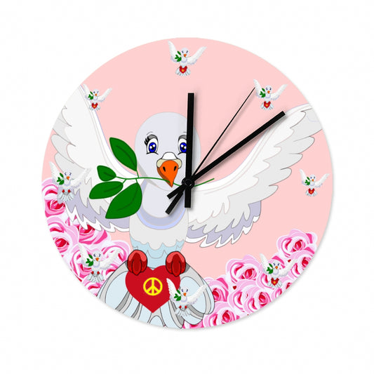 Wooden Wall Clock Without Scale GLOBAL FREEDOM UNITED© Dove Of Peace Roses Pink