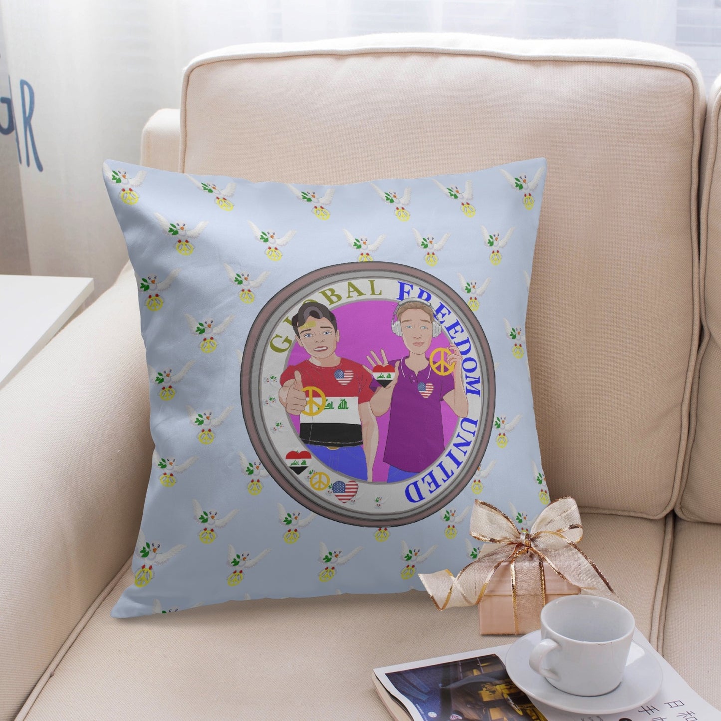 GLOBAL FREEDOM UNITED© Men IRAQ & USA LIGHT BLUE 18'' Square Pillow Cover