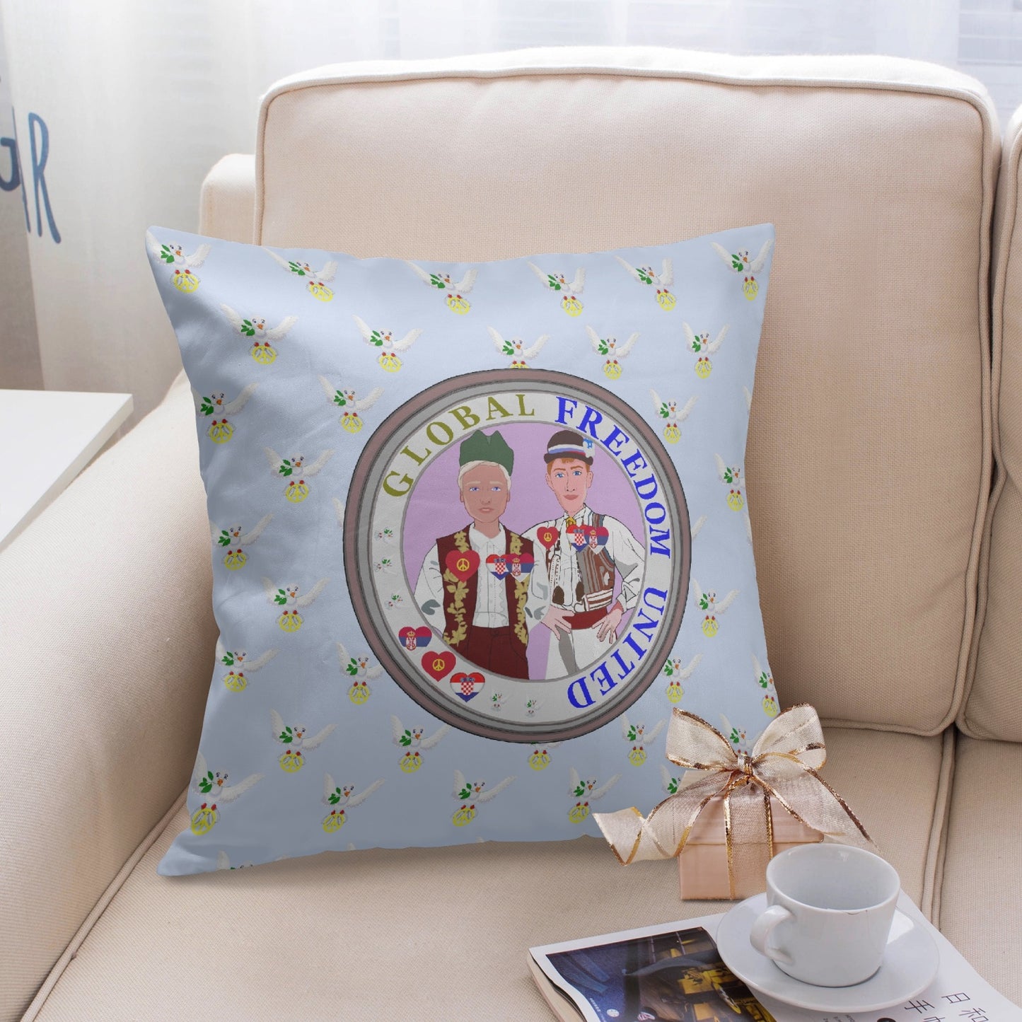 GLOBAL FREEDOM UNITED© Men CROATIA & SERBIA Light Blue 18'' Square Pillow Cover