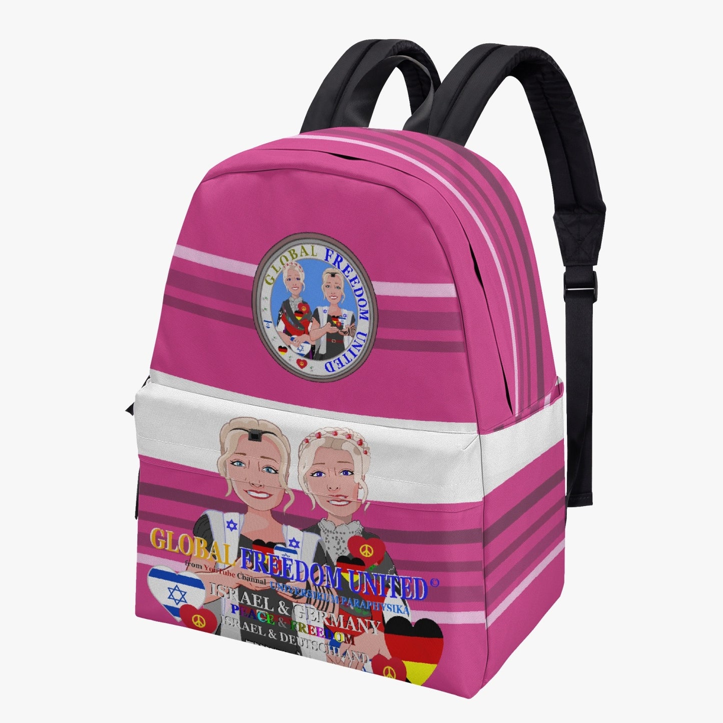 ALL OVER PRINT VANVAS BACKPACK GLOBAL FREEDOM UNITED© WOMEN ISRAEL & GERMANY PINK