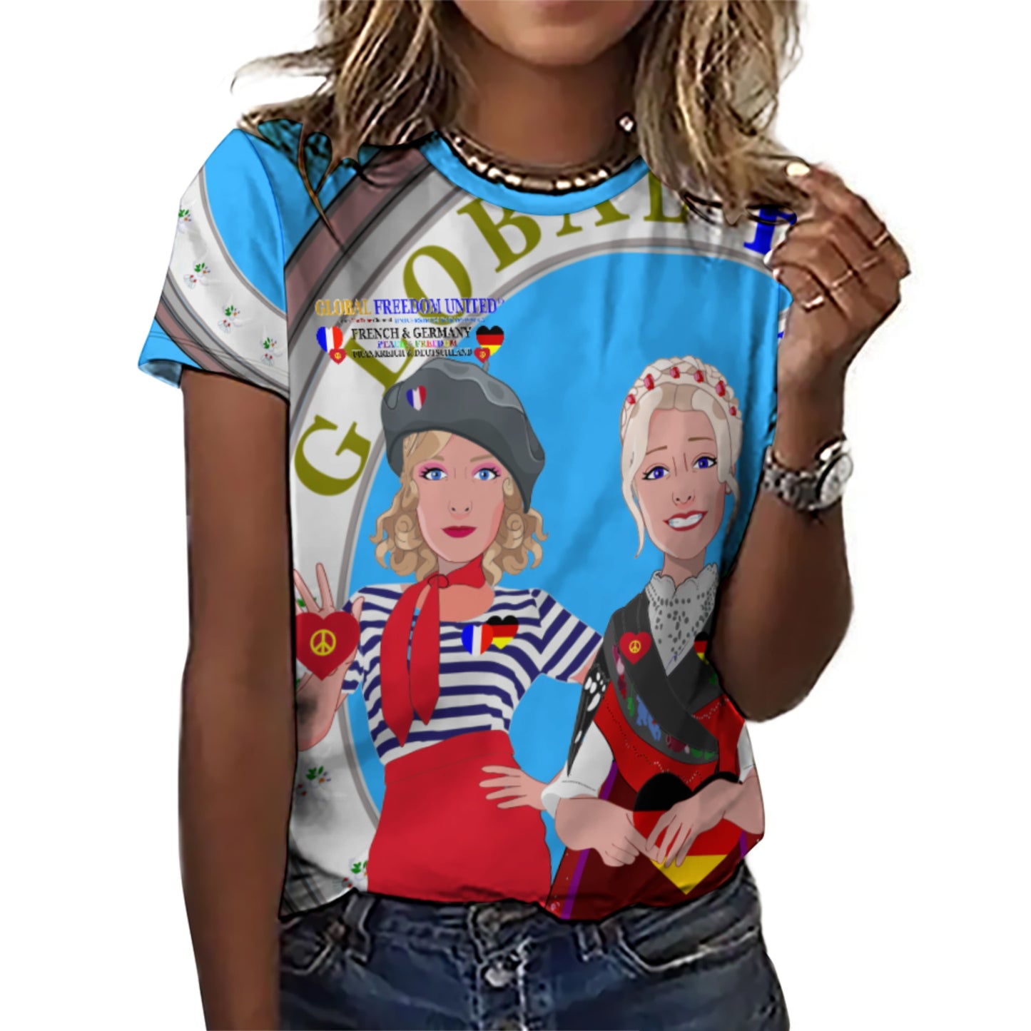 Women´s T-shirt 2 GLOBAL FREEDOM UNITED© Women French & Germany Blue
