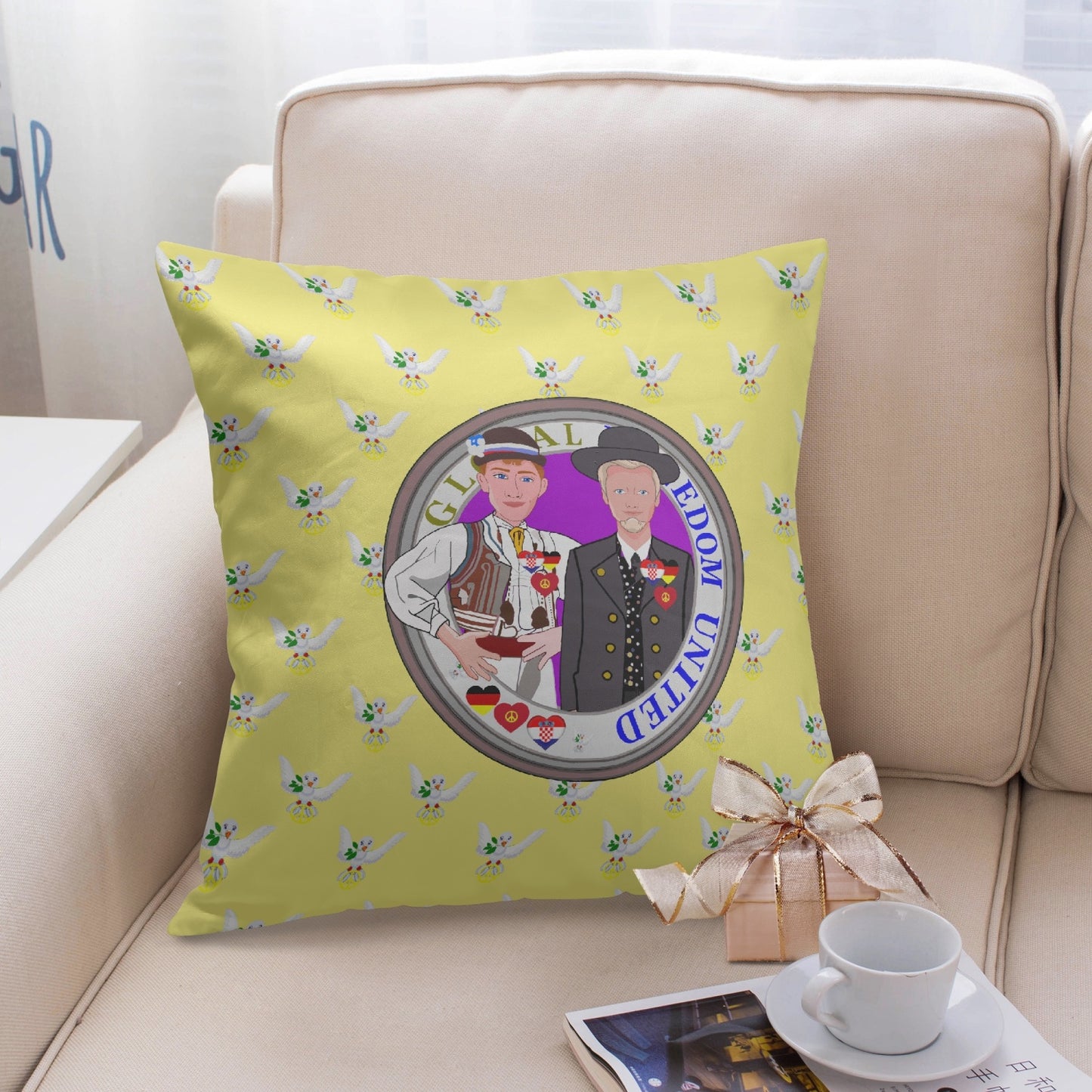 GLOBAL FREEDOM UNITED©  Men CROATIA & GERMANY YELLOW 18'' Square Pillow Cover