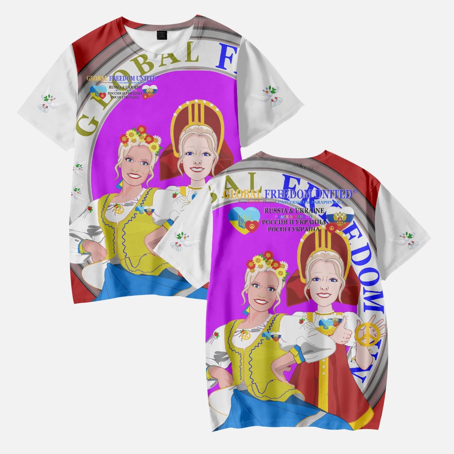GLOBAL FREEDOM UNITED GIRLS UKRAINA & RUSSIA OLD PEACE RED AOP Kids' Short T-Shirts