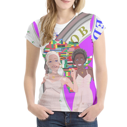 Women´s T-shirt GLOBAL FREEDOM UNITED© Women Anti Fascism & Racism Africa Wight and Pink