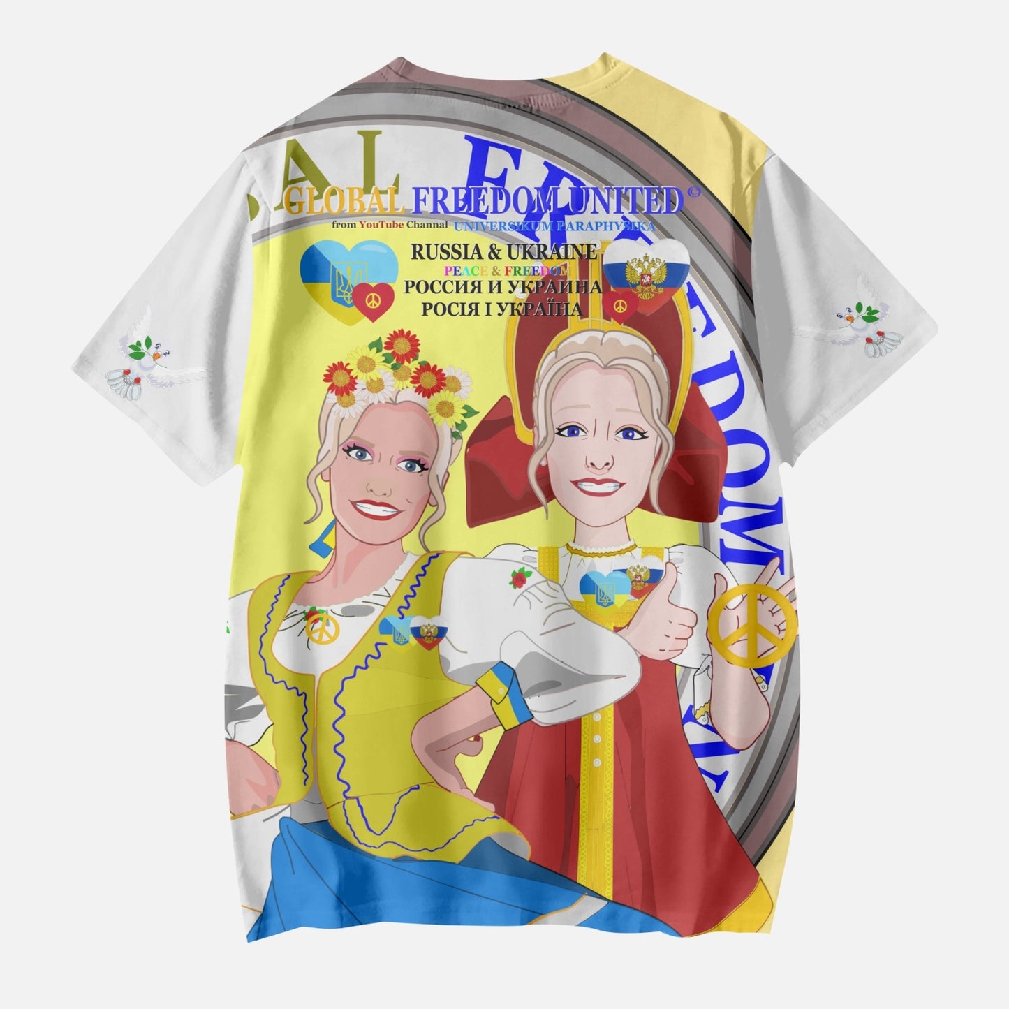 GLOBAL FREEDOM UNITED GIRLS UKRAINA & RUSSIA OLD PEACE YELLOW AOP Kids' Short T-Shirts