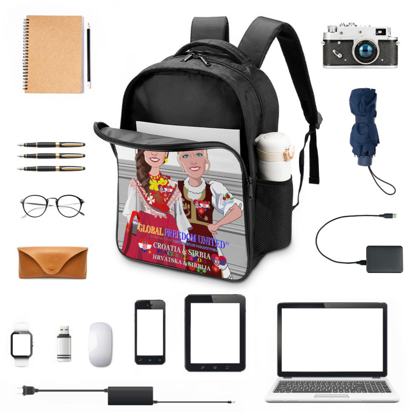 16 Inch 2 Compartment Backpack GLOBAL FREEDOM UNITED© Women Croatia & Serbia Old Peace Grey