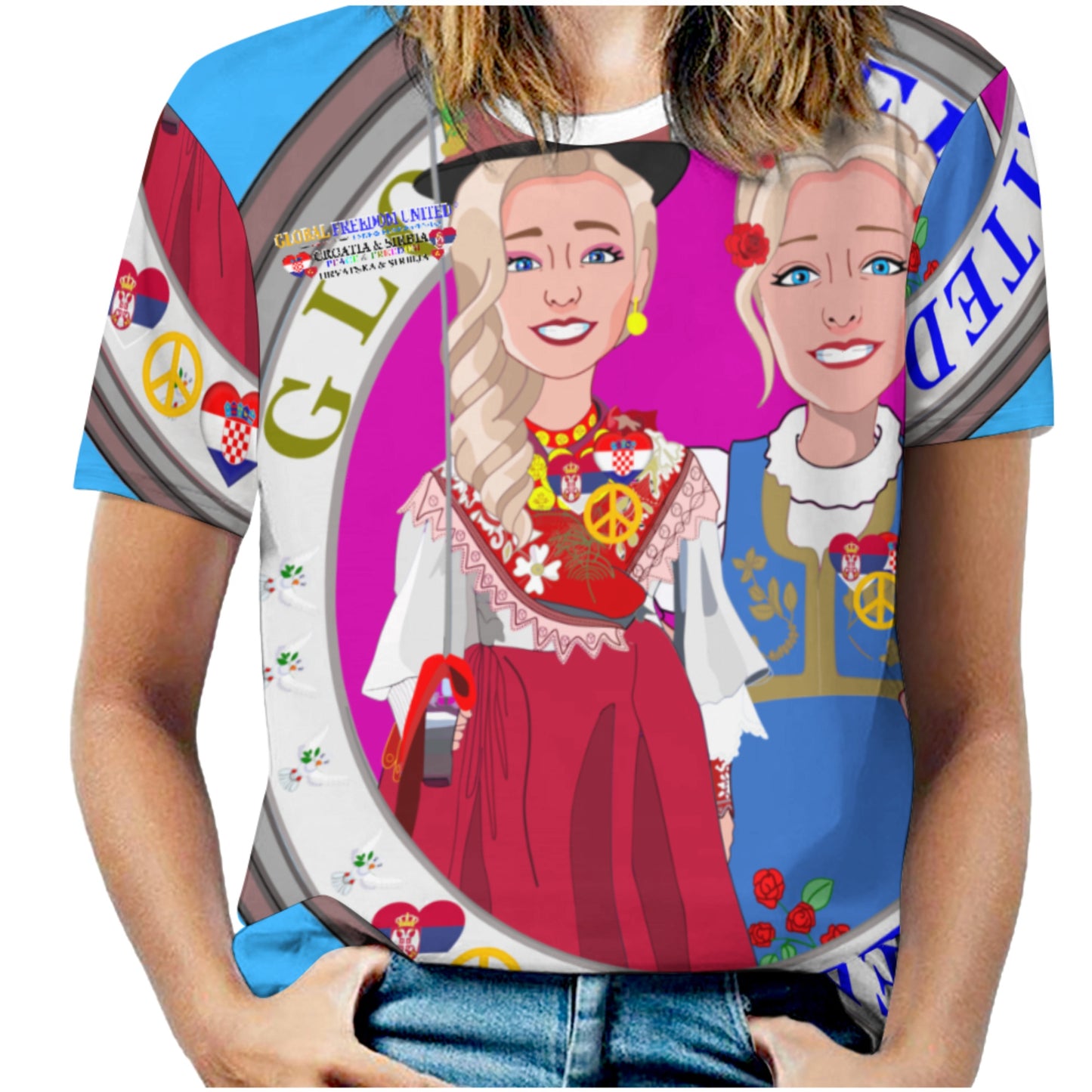 Women´s T-shirt 2 GLOBAL FREEDOM UNITED© Women Croatia & Serbia Blondi Blue