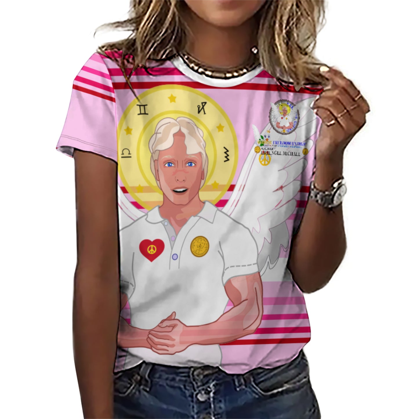Women´s T-shirt Global Freedom United Archangel Michael German Pink2