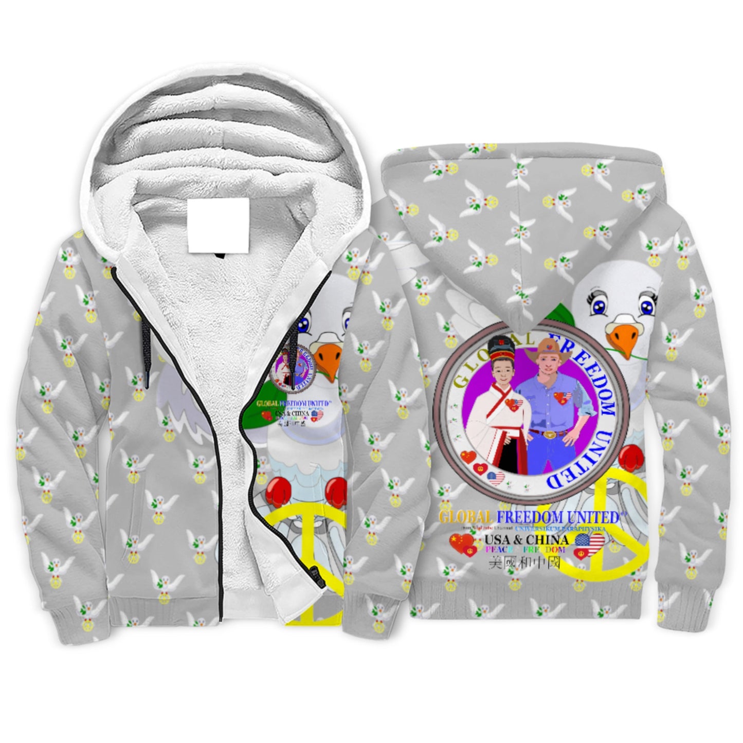 Plush Hoodie GLOBAL FREEDOM UNITED© Men China & USA Grey