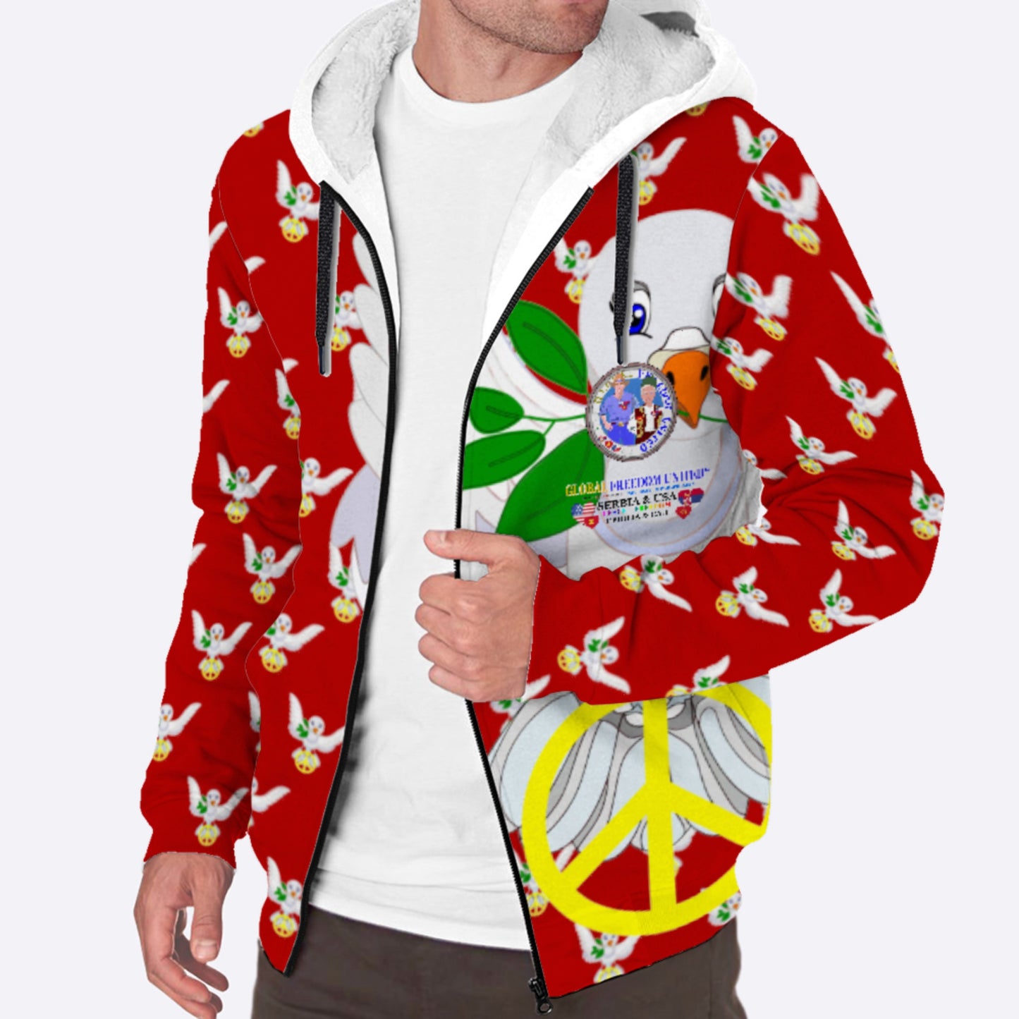 Plush Hoodie GLOBAL FREEDOM UNITED© Men Serbia & USA Red
