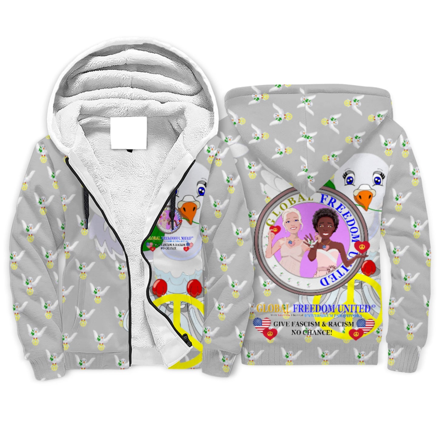 Plush Hoodie GLOBAL FREEDOM UNITED© Women Anti Racism & Fascism USA Grey