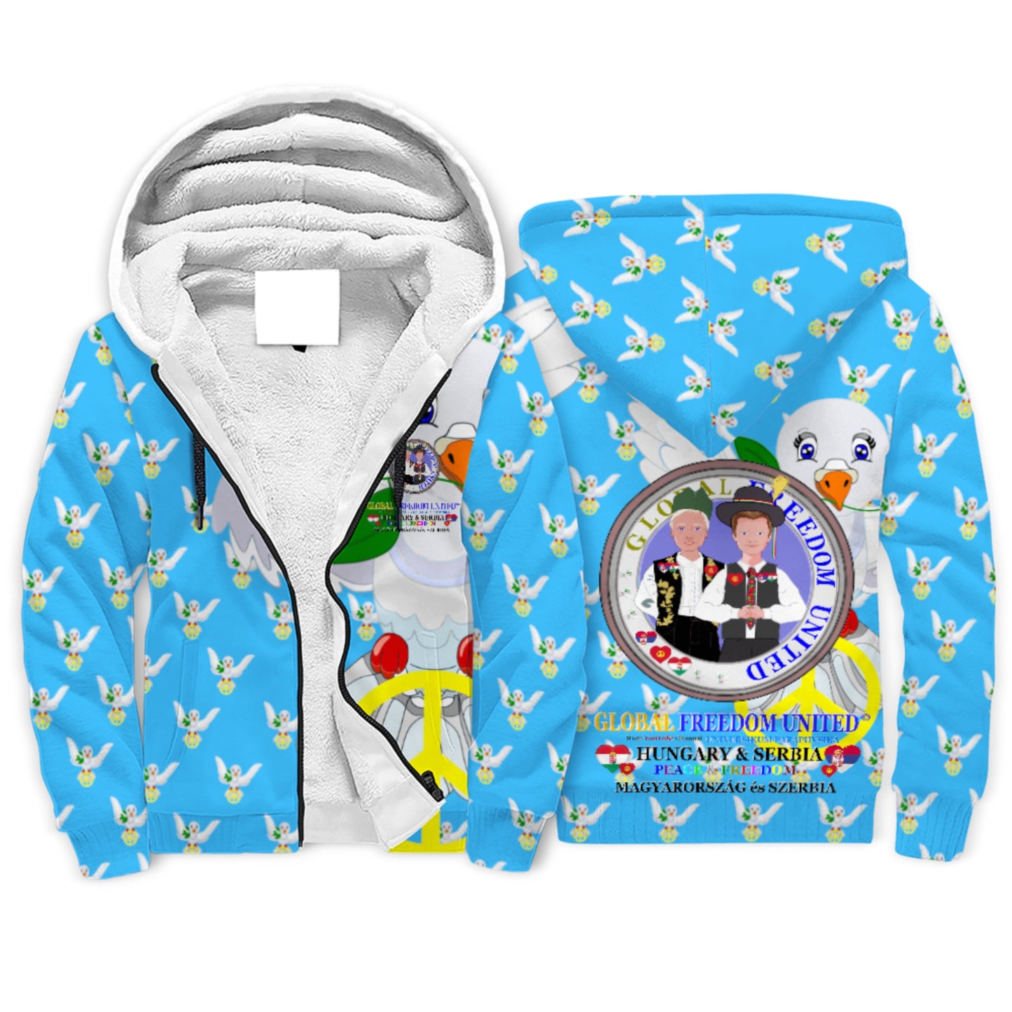 Plush Hoodie GLOBAL FREEDOM UNITED© Men Serbia & Hungary Old Peace Blue