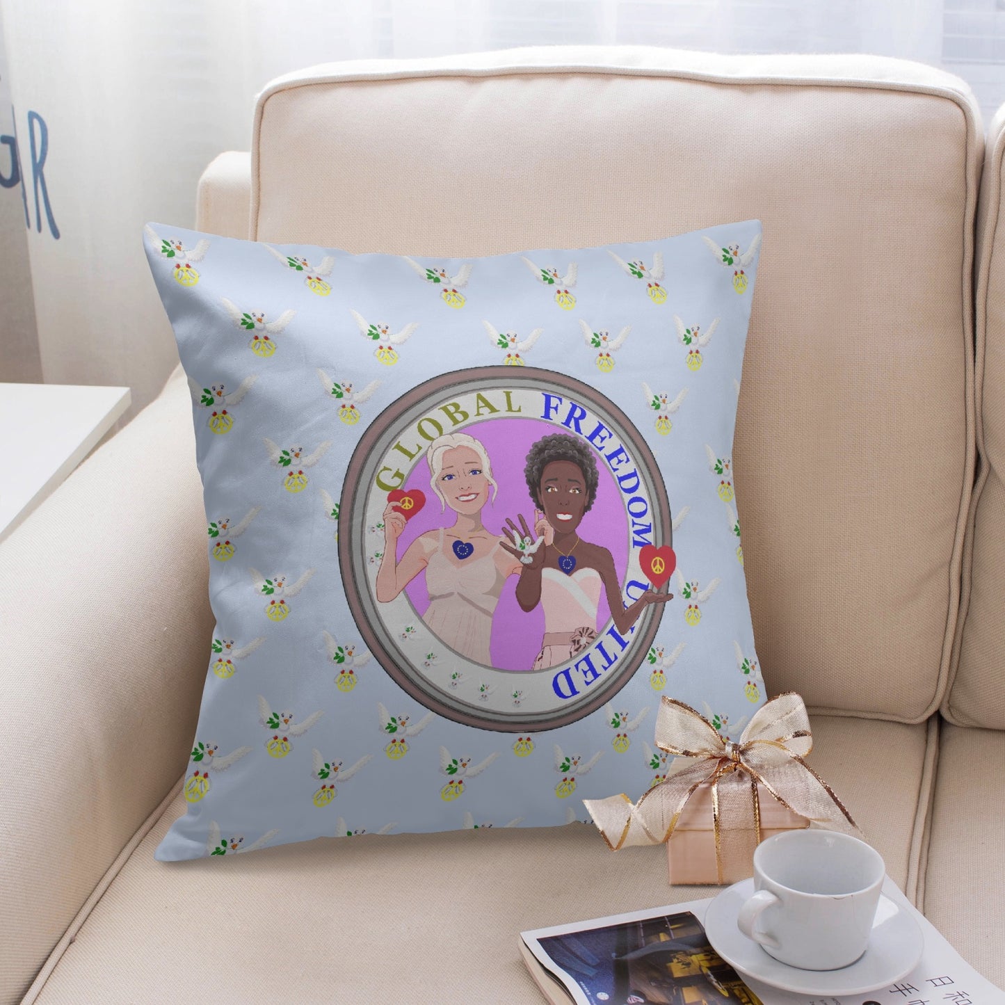 GLOBAL FREEDOM UNITED© Women Anti Fascism & Racism LIGHT BLUE EU18'' Square Pillow Cover