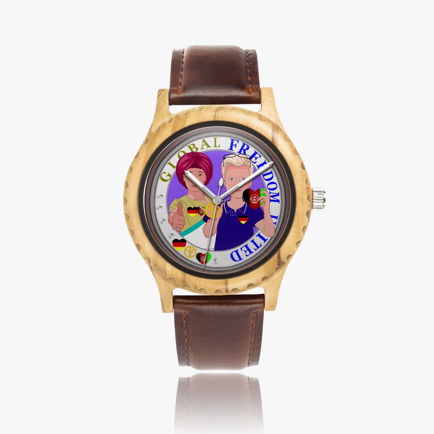 GLOBAL FREEDOM UNITED MEN AFGHANISTAN & GERMANY NEW PEACE Italian Olive Lumber Wooden Watch - Leather Strap
