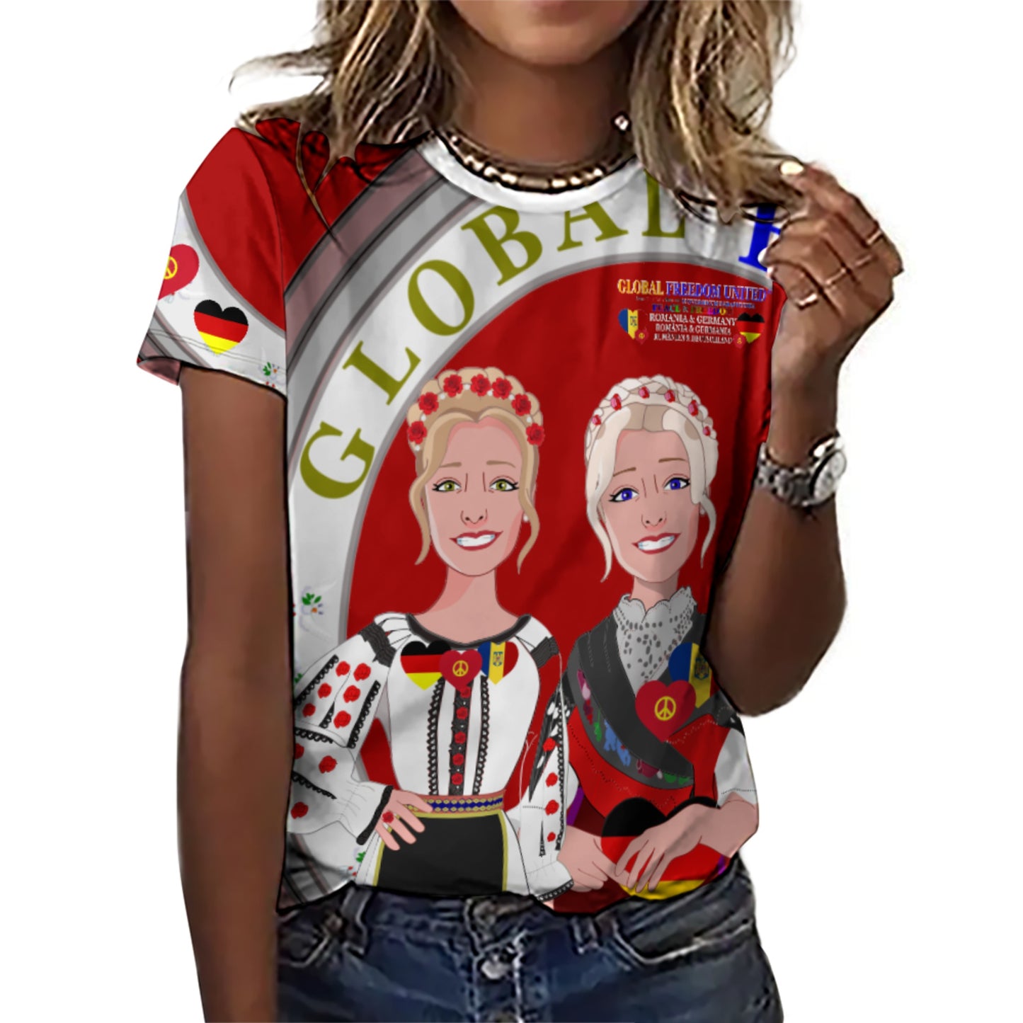 Women´s T-shirt 3 GLOBAL FREEDOM UNITED© Romania & Germany Red