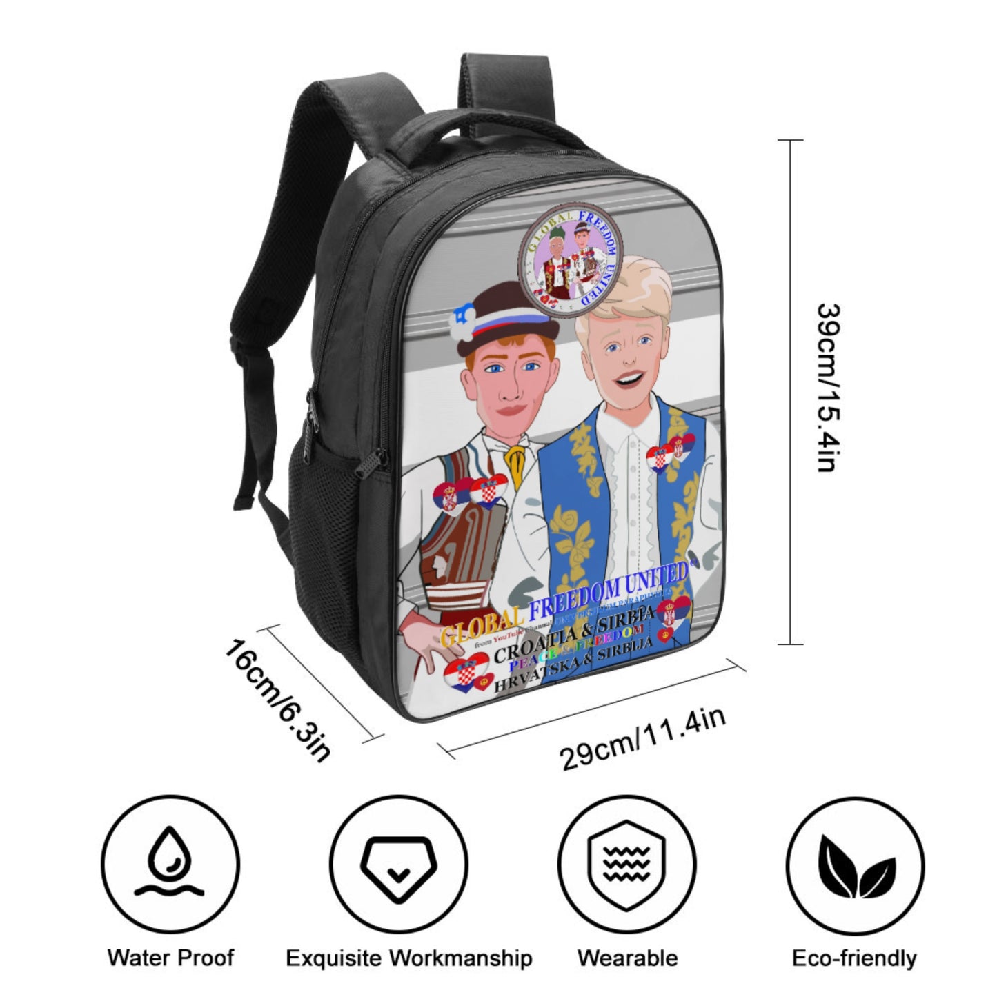 16 Inch 2 Compartment Backpack GLOBAL FREEDOM UNITED© Men Croatia & Serbia Old Peace Grey