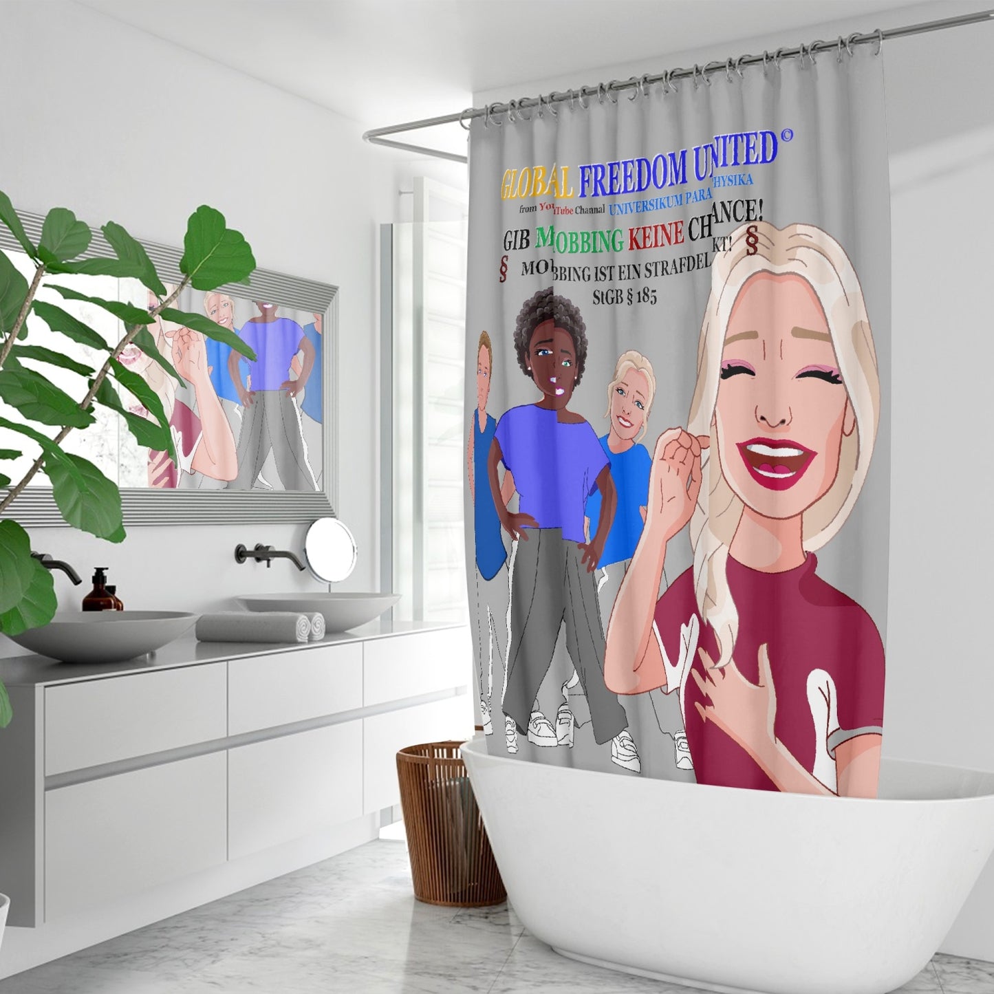 Quick-drying Shower Curtain GLOBAL FREEDOM UNITED GIB MOBBING KEINE CHANCE GERMAN GREY