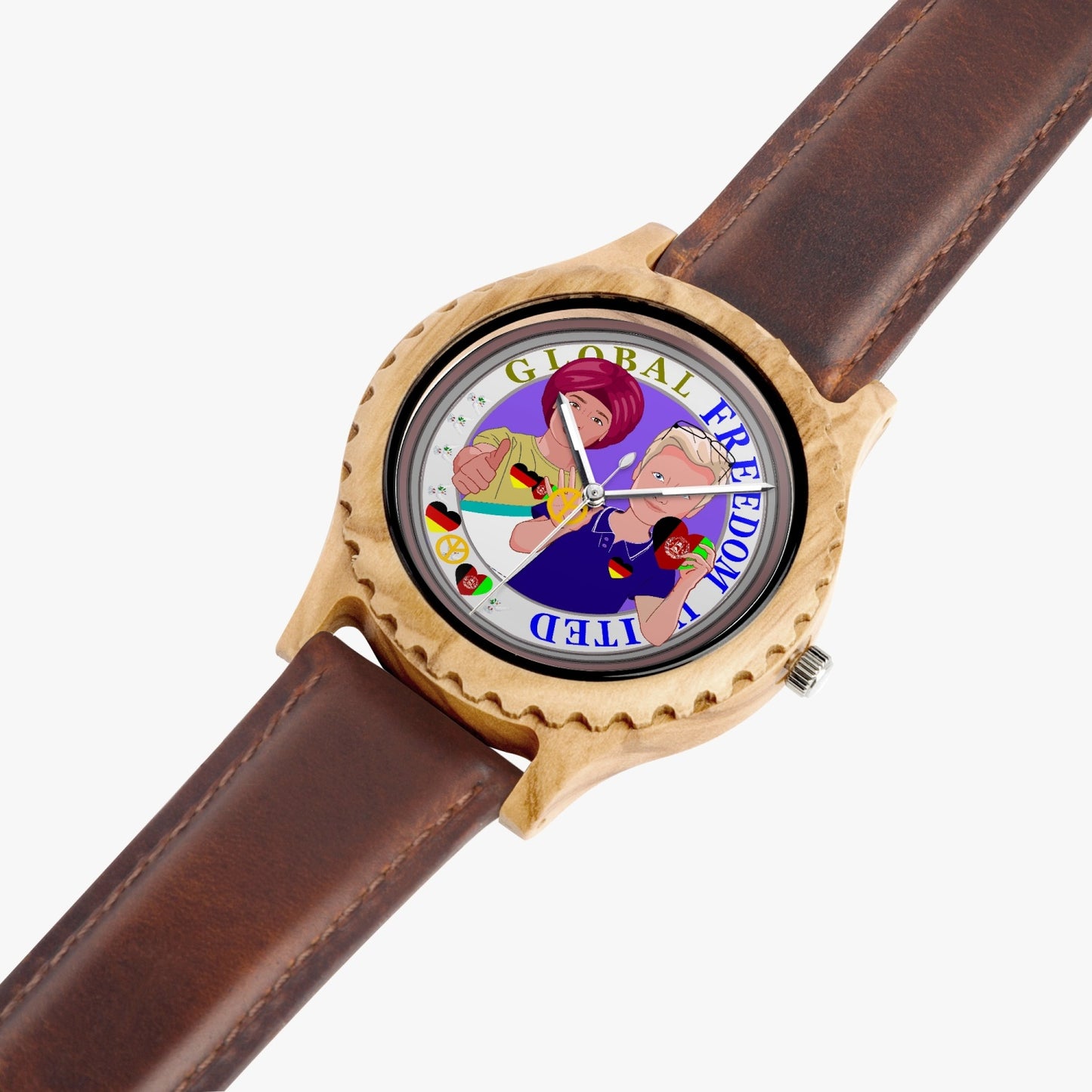 GLOBAL FREEDOM UNITED MEN AFGHANISTAN & GERMANY NEW PEACE Italian Olive Lumber Wooden Watch - Leather Strap