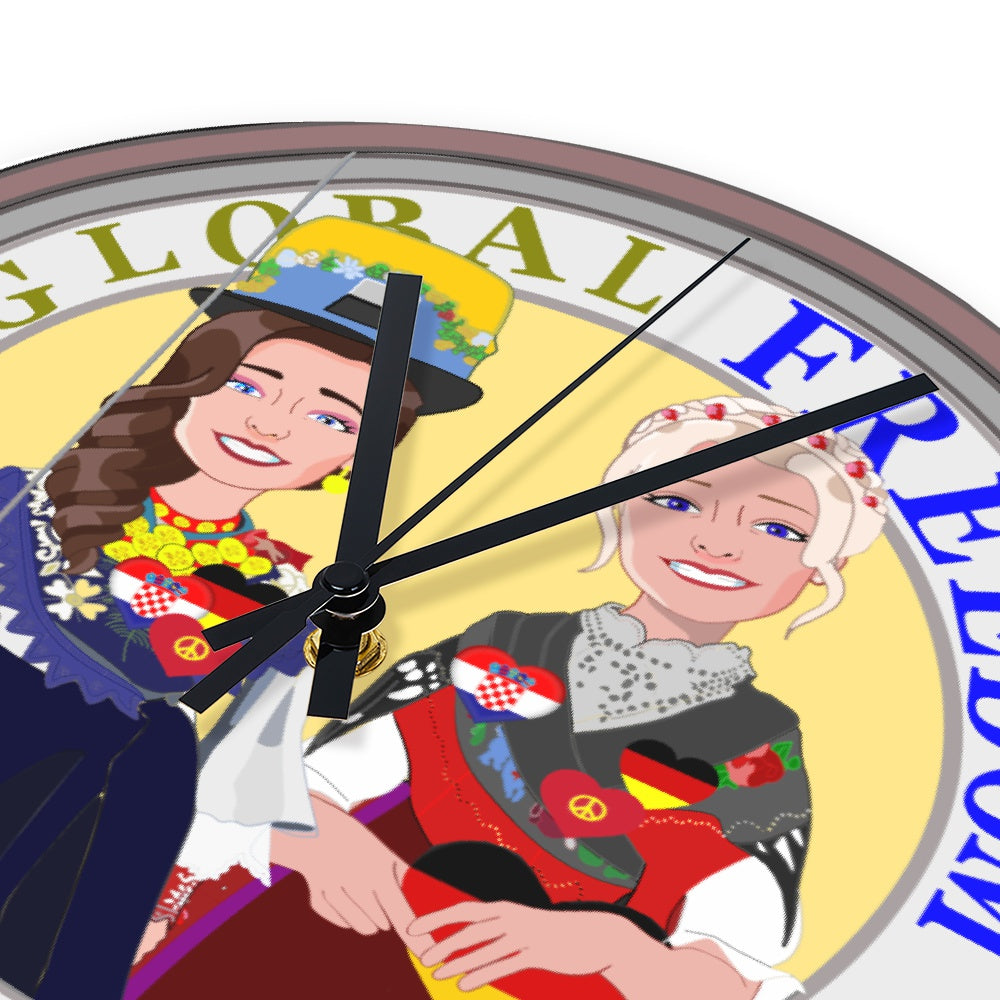 Wooden Wall Clock Without Scale GLOBAL FREEDOM UNITED© Women Croatia & Germany Ring