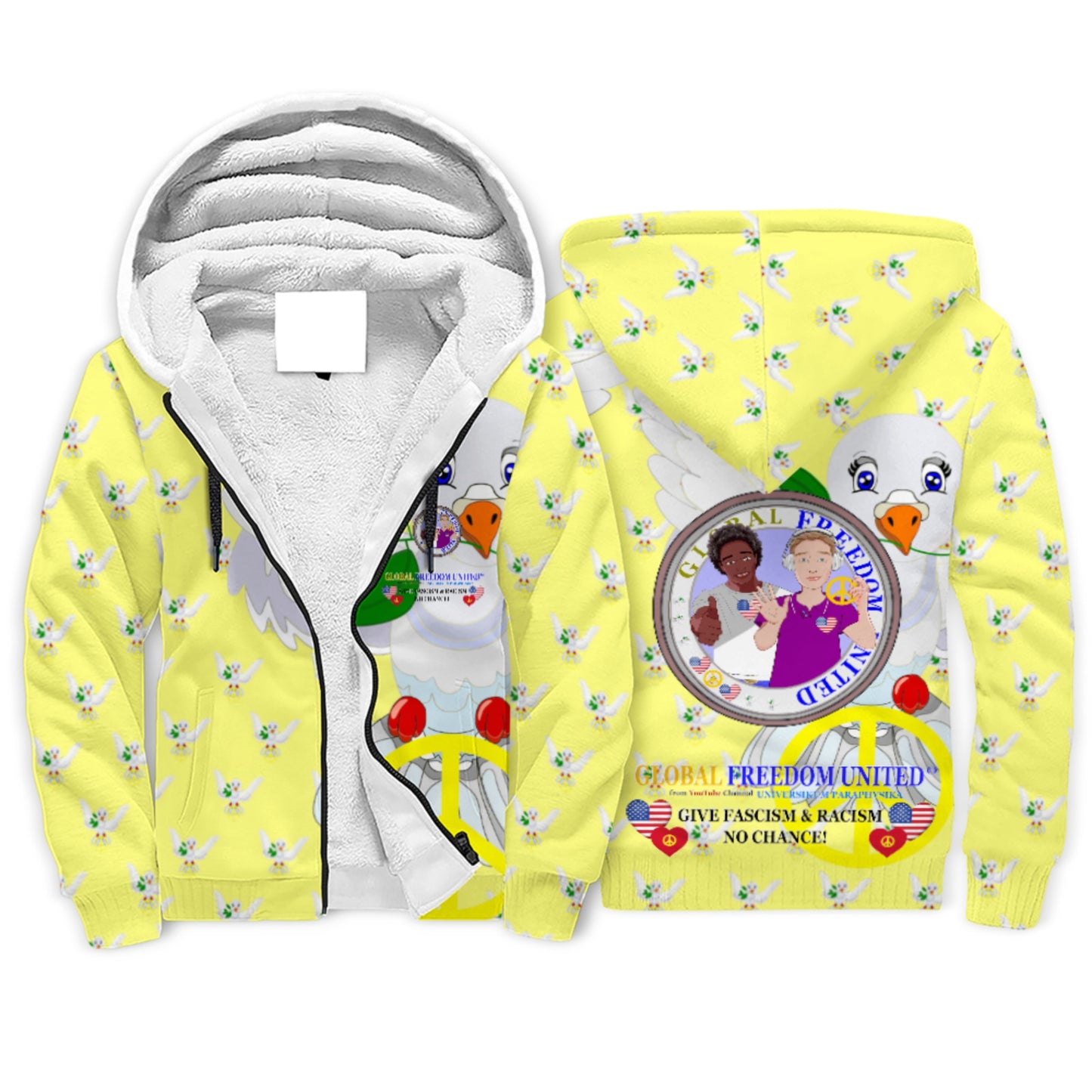 Plush Hoodie GLOBAL FREEDOM UNITED© Men Anti Fascism & Racism USA Yellow