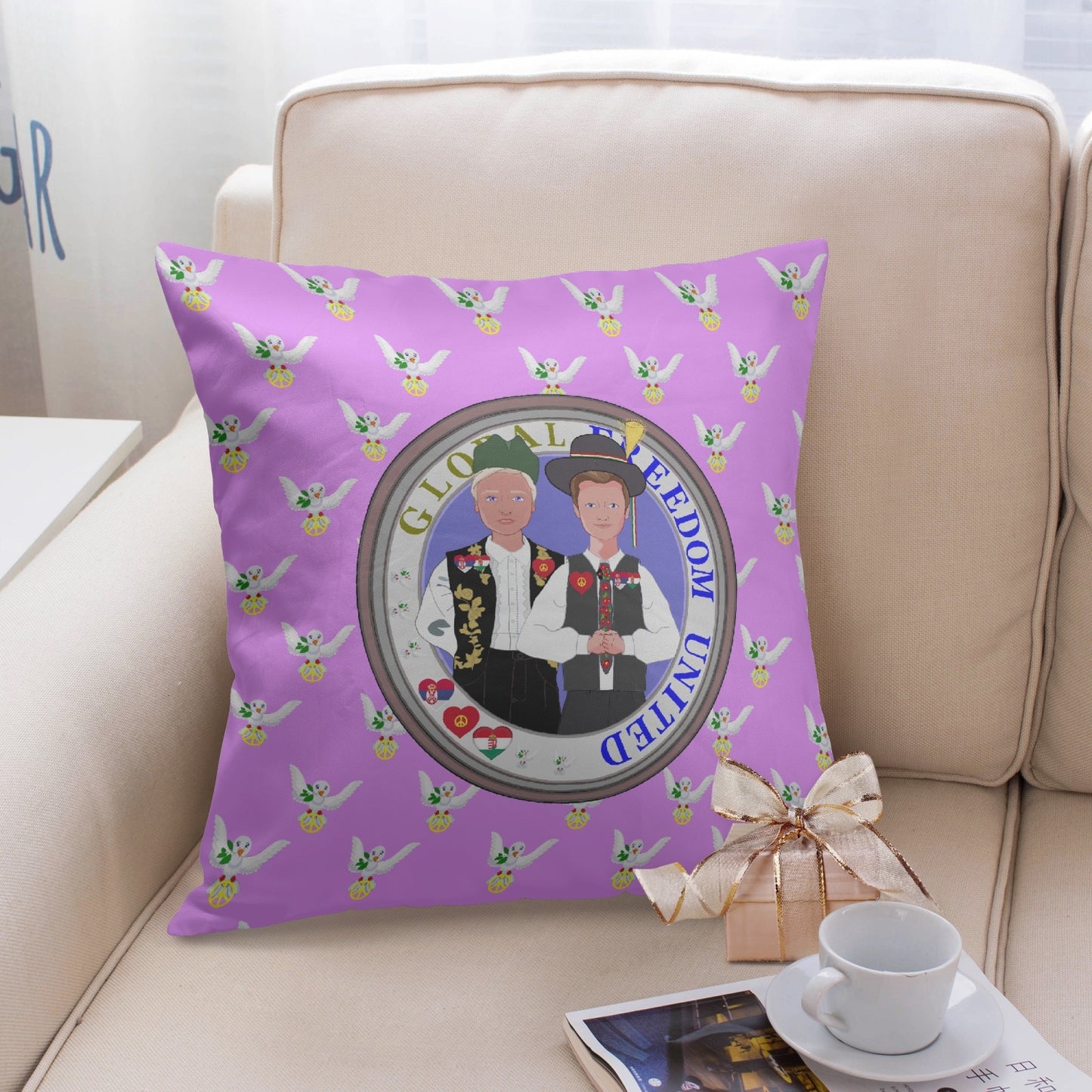 GLOBAL FREEDOM UNITED© MEN SERBIA & HUNGARY OLD PEACE LILAC 18'' Square Pillow Cover