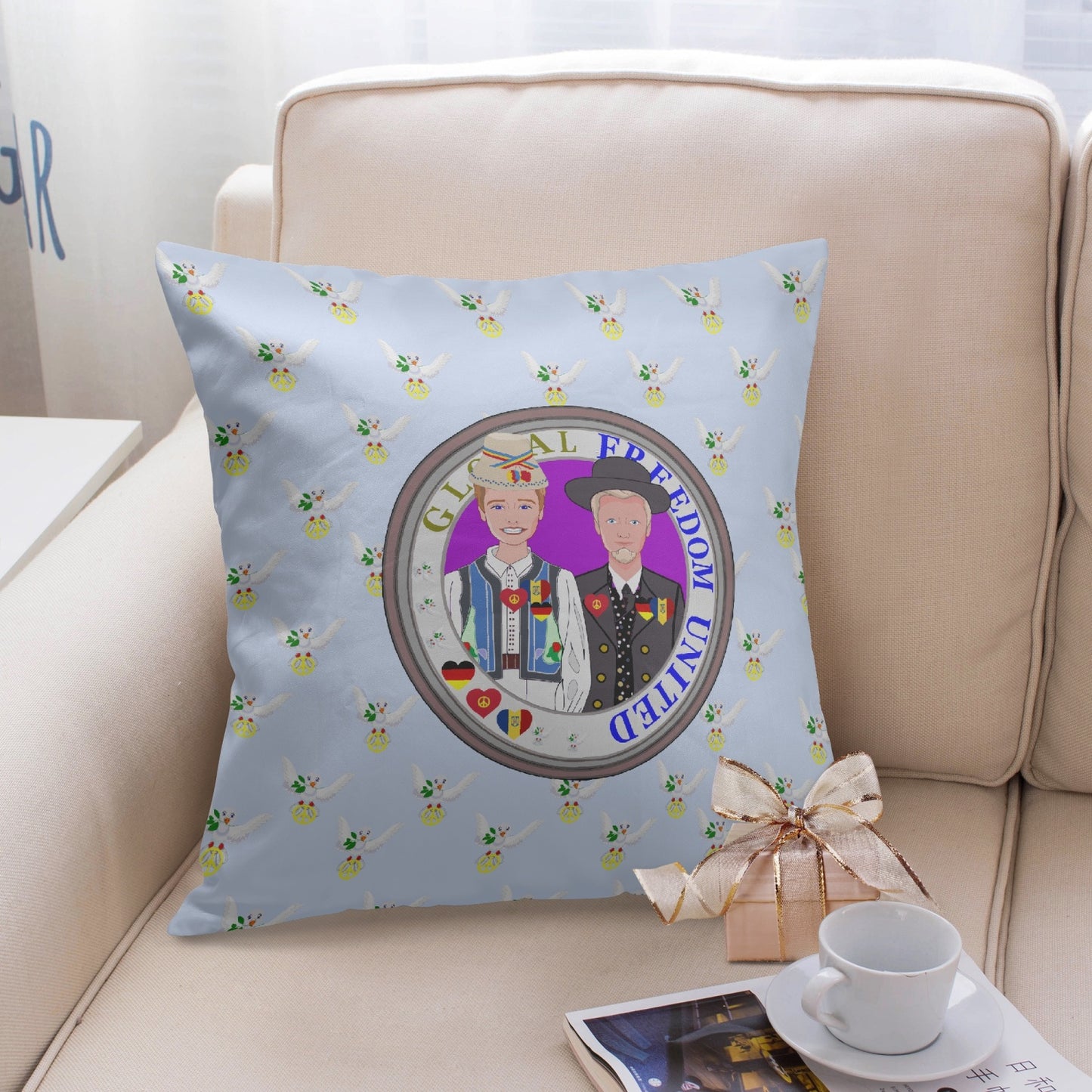 GLOBAL FREEDOM UNITED© Men GERMANY & ROMANIA Light Blue 18'' Square Pillow Cover